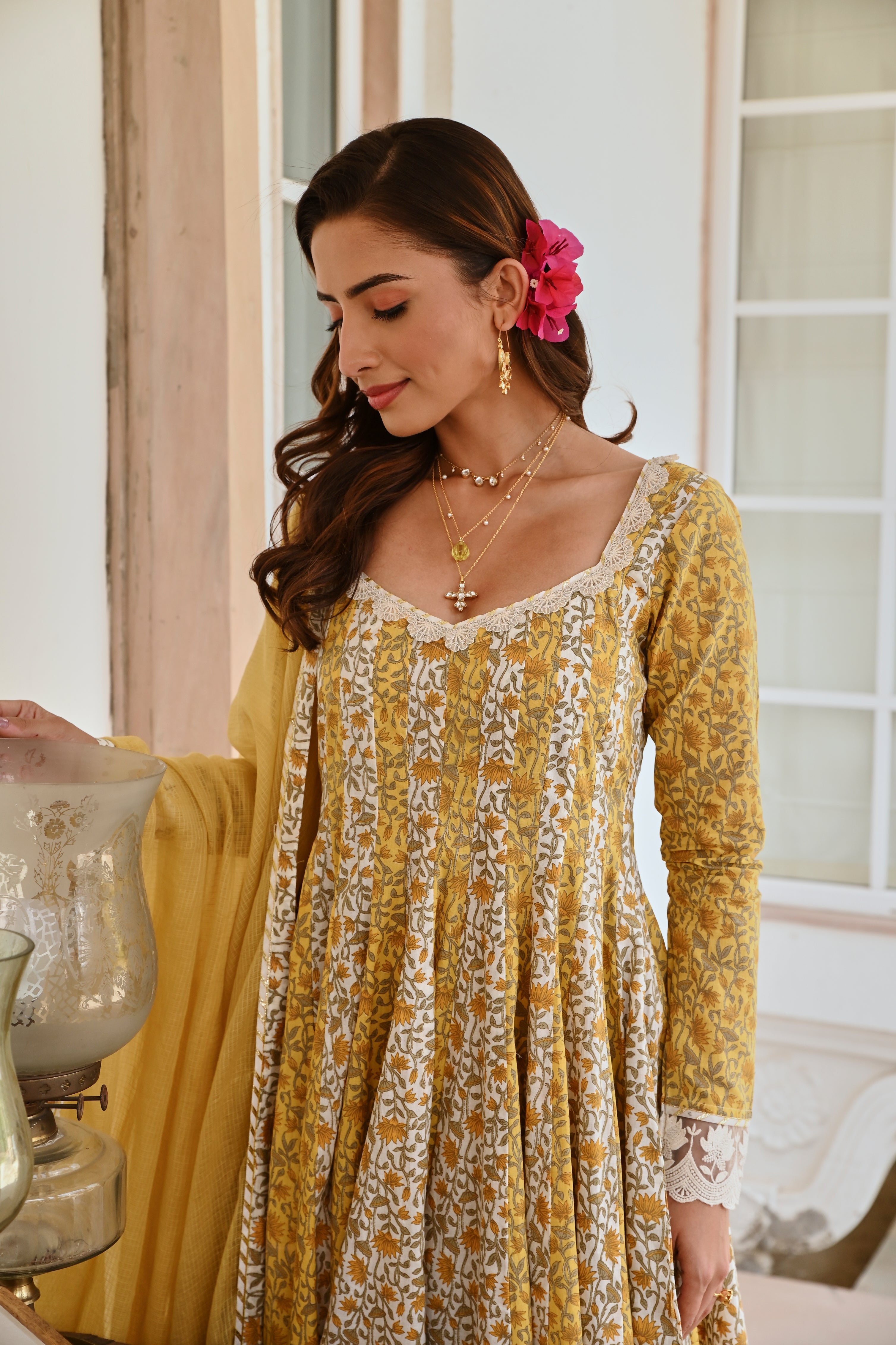 MUSTARD FLORAL PRINT ANARKALI SET