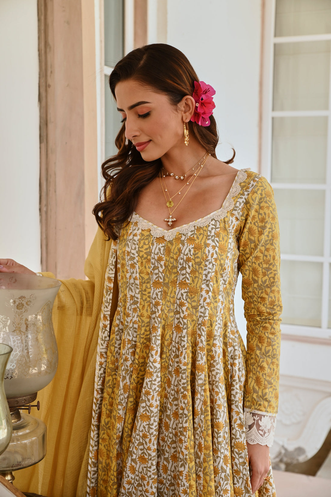 MUSTARD FLORAL PRINT ANARKALI SET