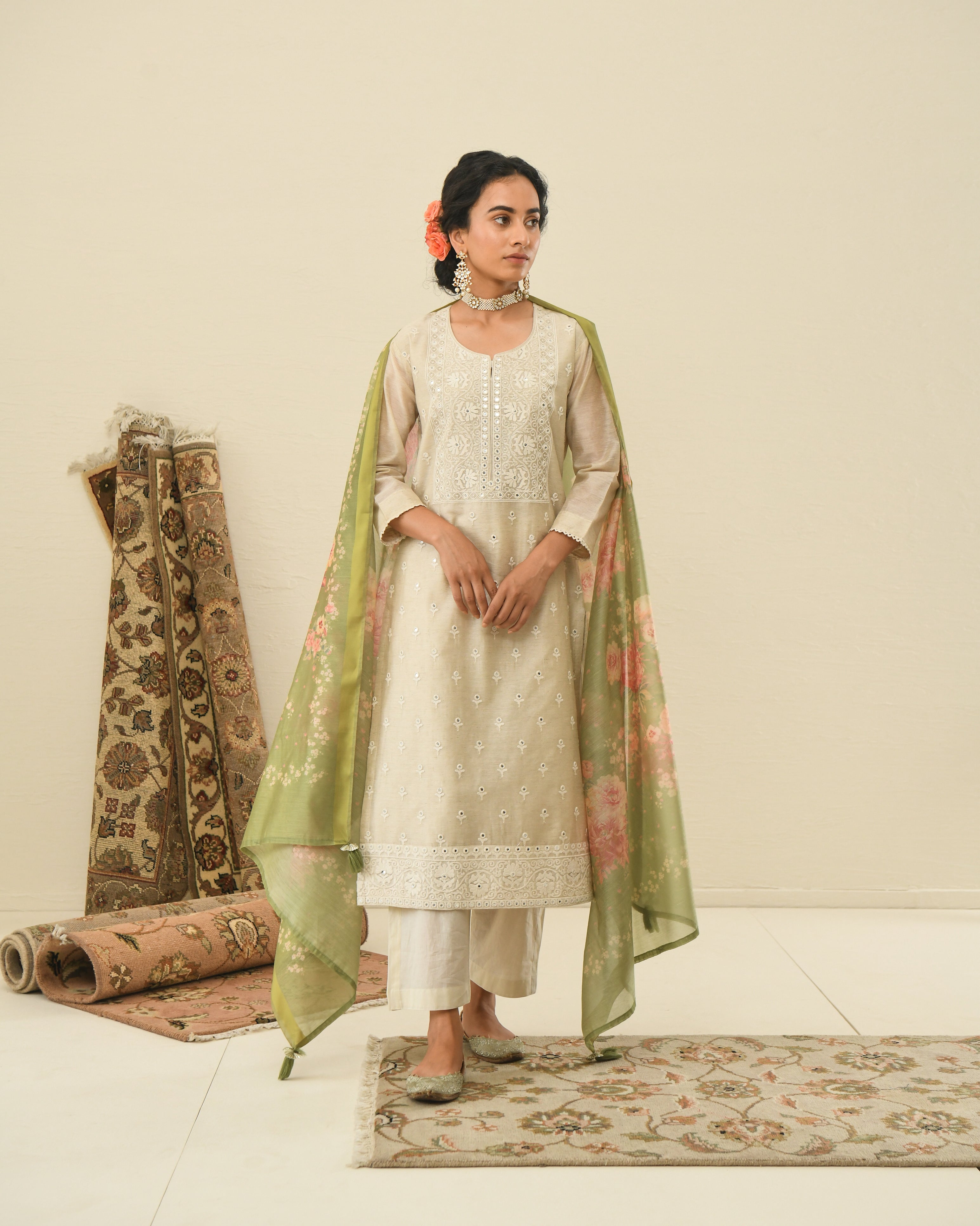 CREAM NAZAM KURTA SET WITH PRINTED DUPATTA
