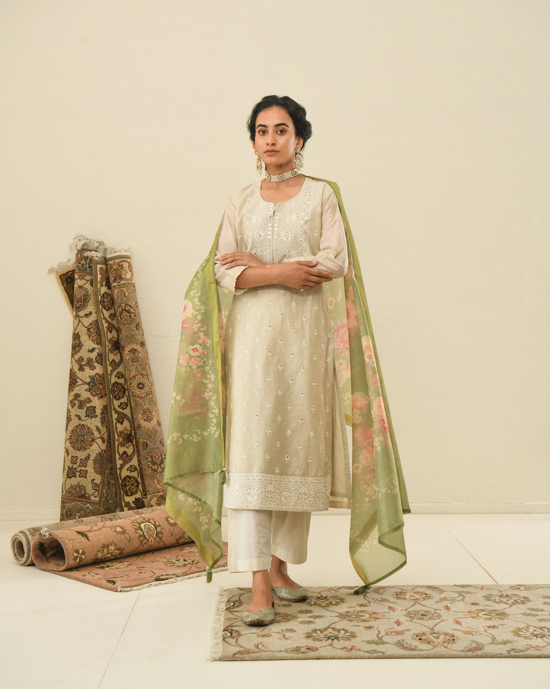 CREAM NAZAM KURTA SET WITH PRINTED DUPATTA