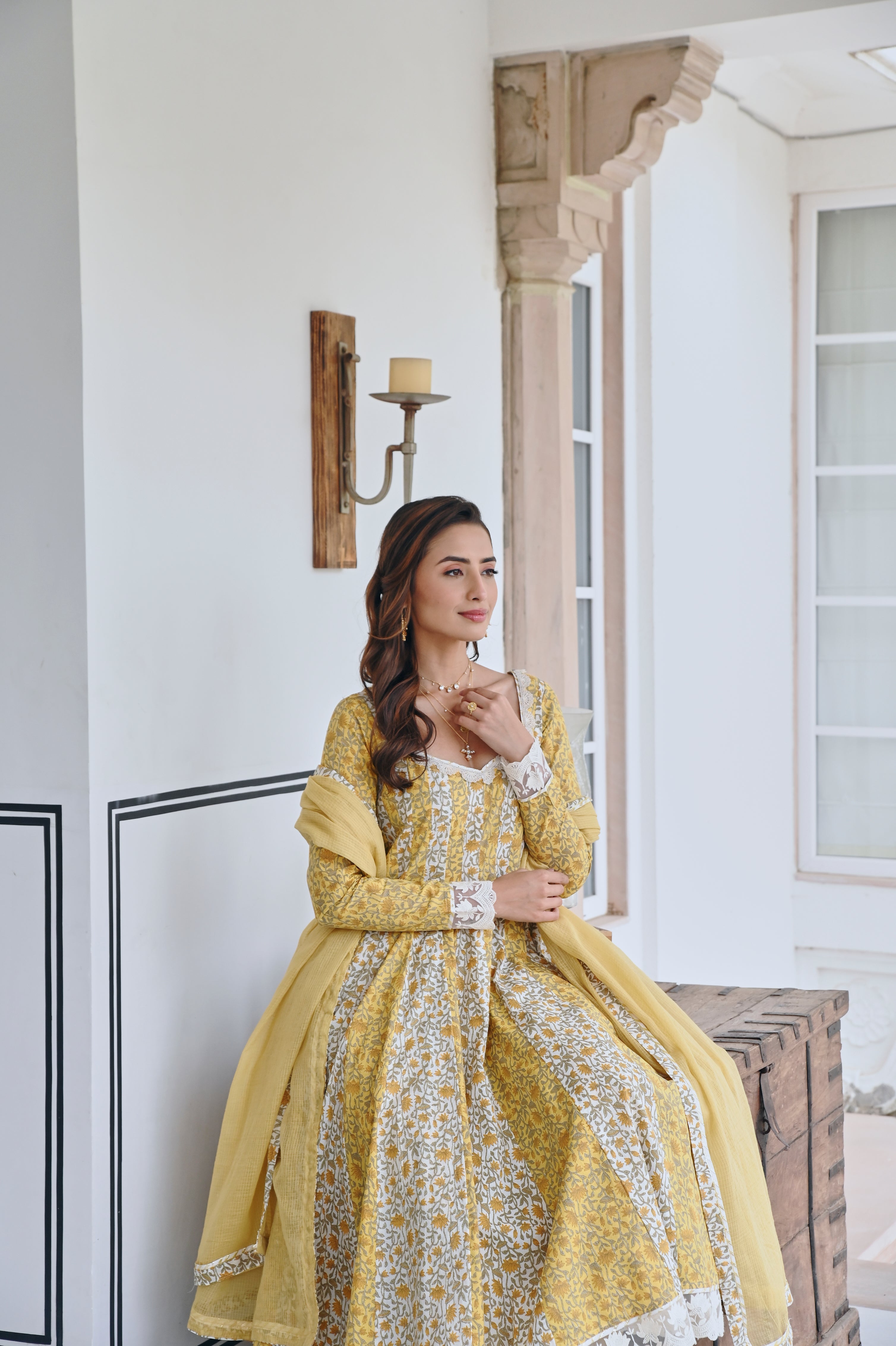MUSTARD FLORAL PRINT ANARKALI SET