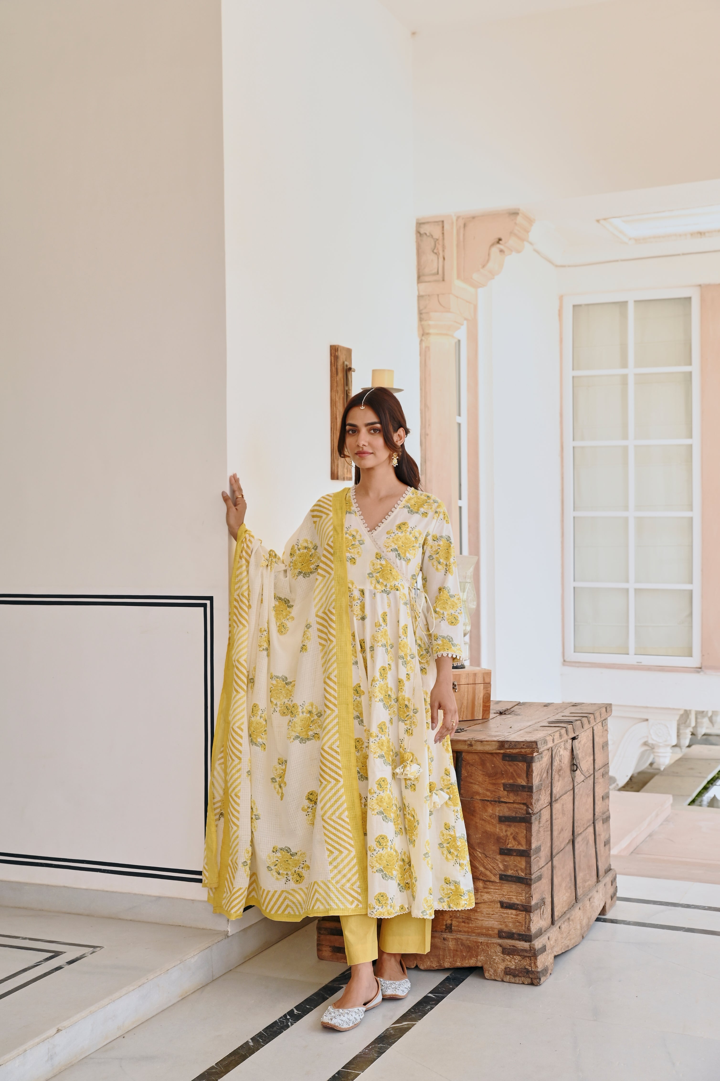 YELLOW FLORAL PRINTED ANARKALI SET