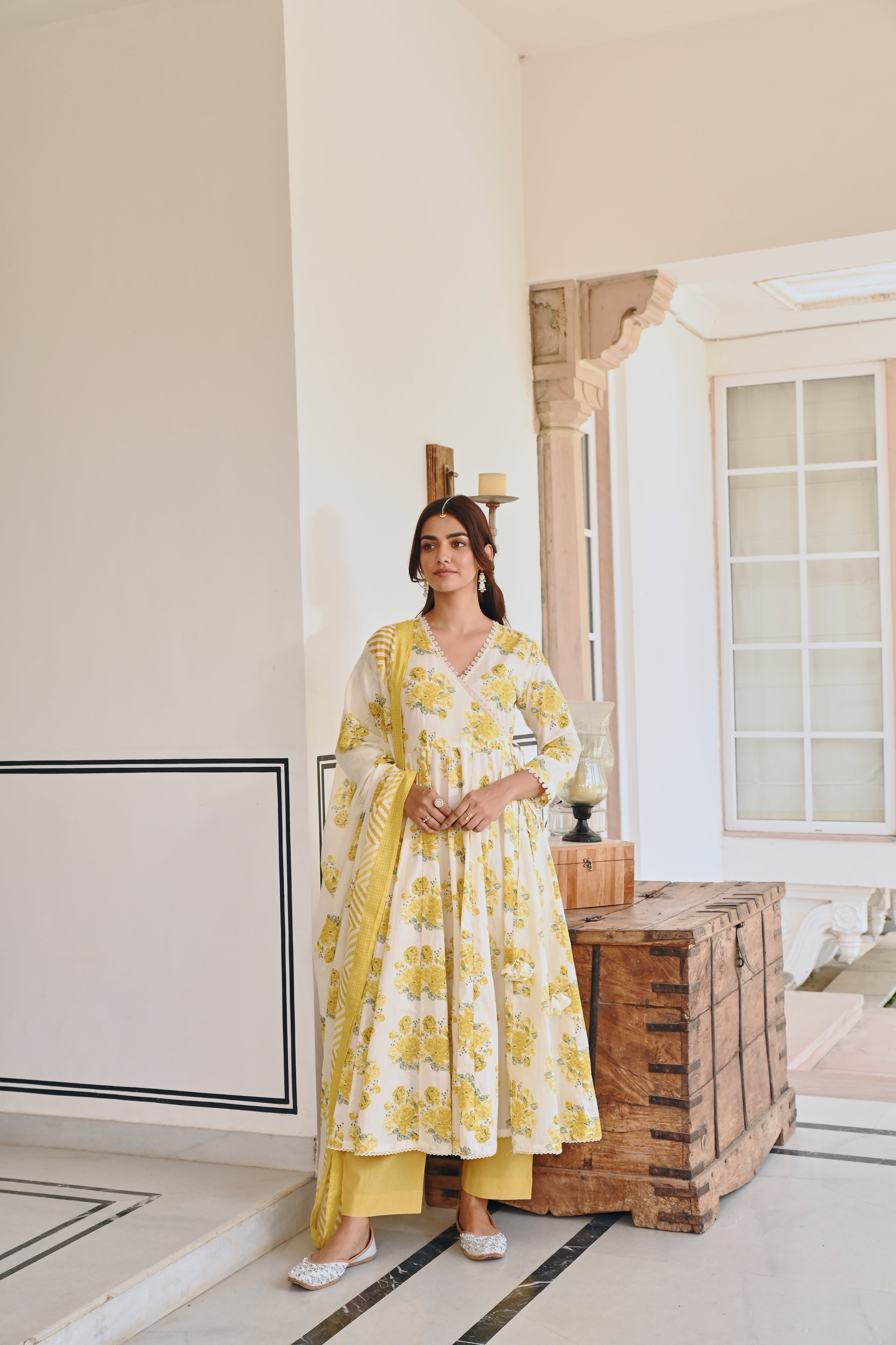 YELLOW FLORAL PRINTED ANARKALI SET