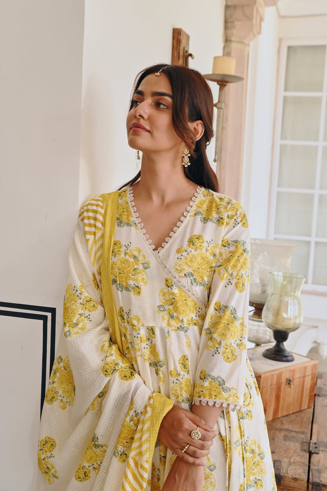 YELLOW FLORAL PRINTED ANARKALI SET