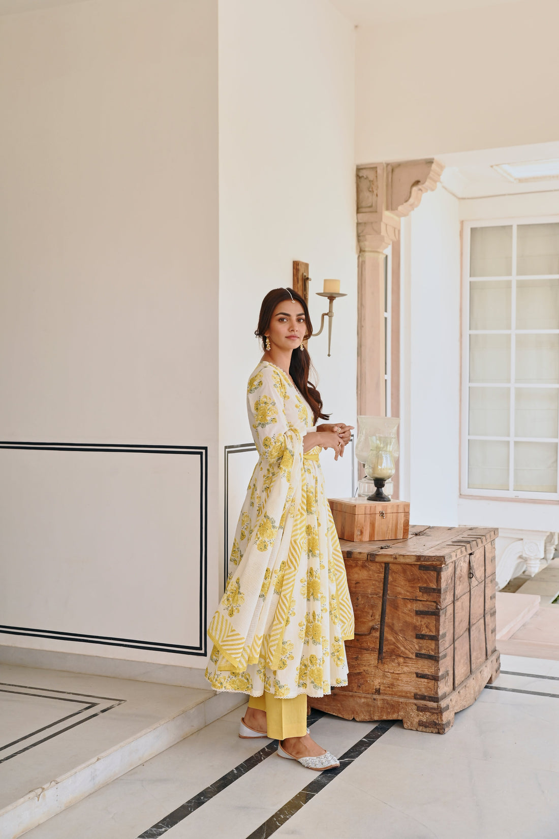 YELLOW FLORAL PRINTED ANARKALI SET