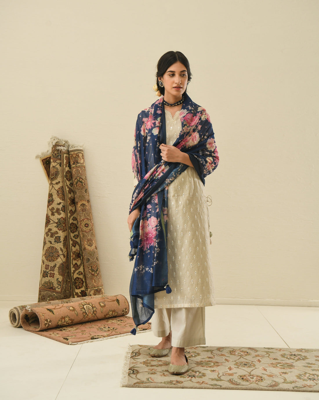 AFREEN BEIGE KURTA SET WITH PRINTED DUPATTA