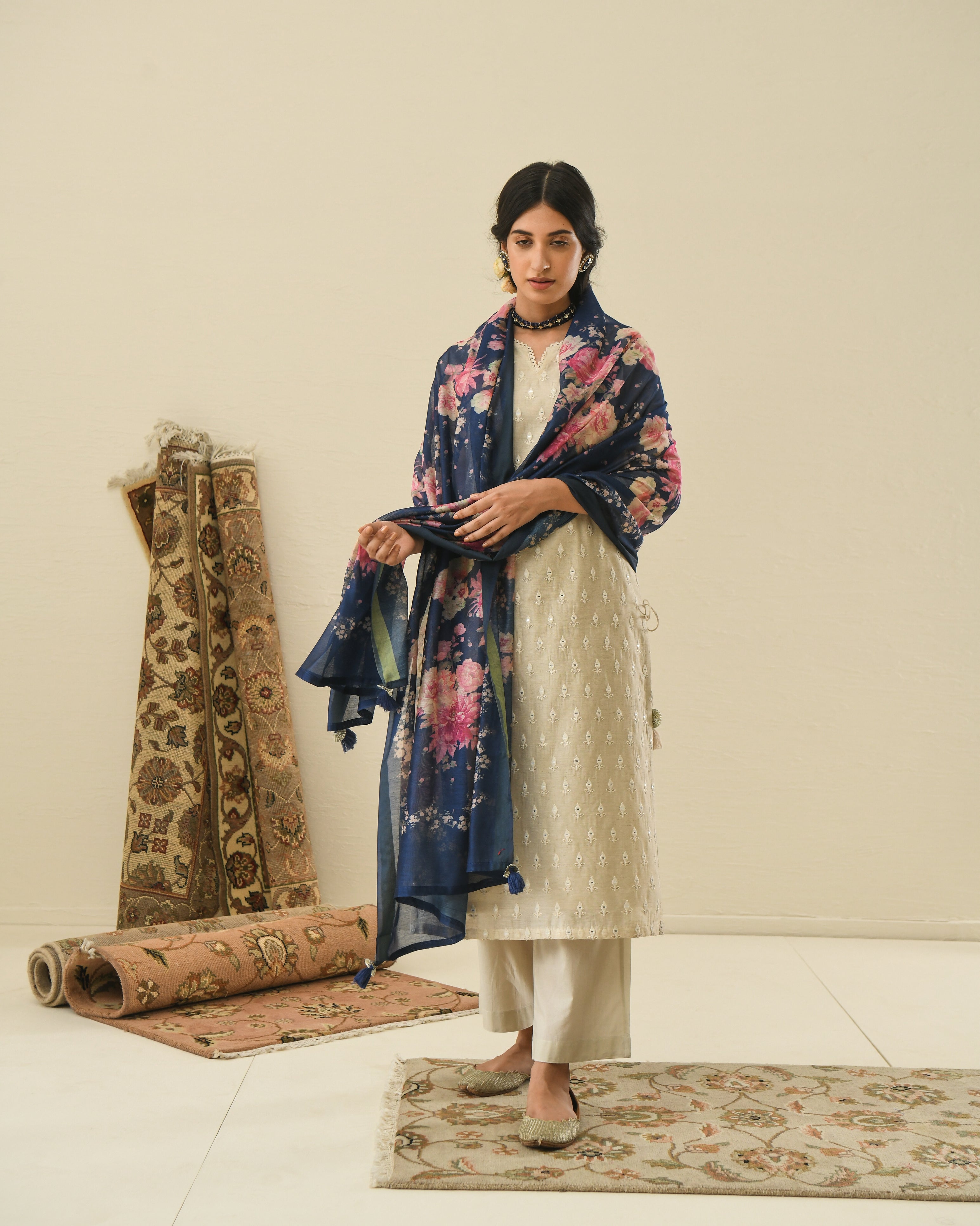 AFREEN BEIGE KURTA SET WITH PRINTED DUPATTA