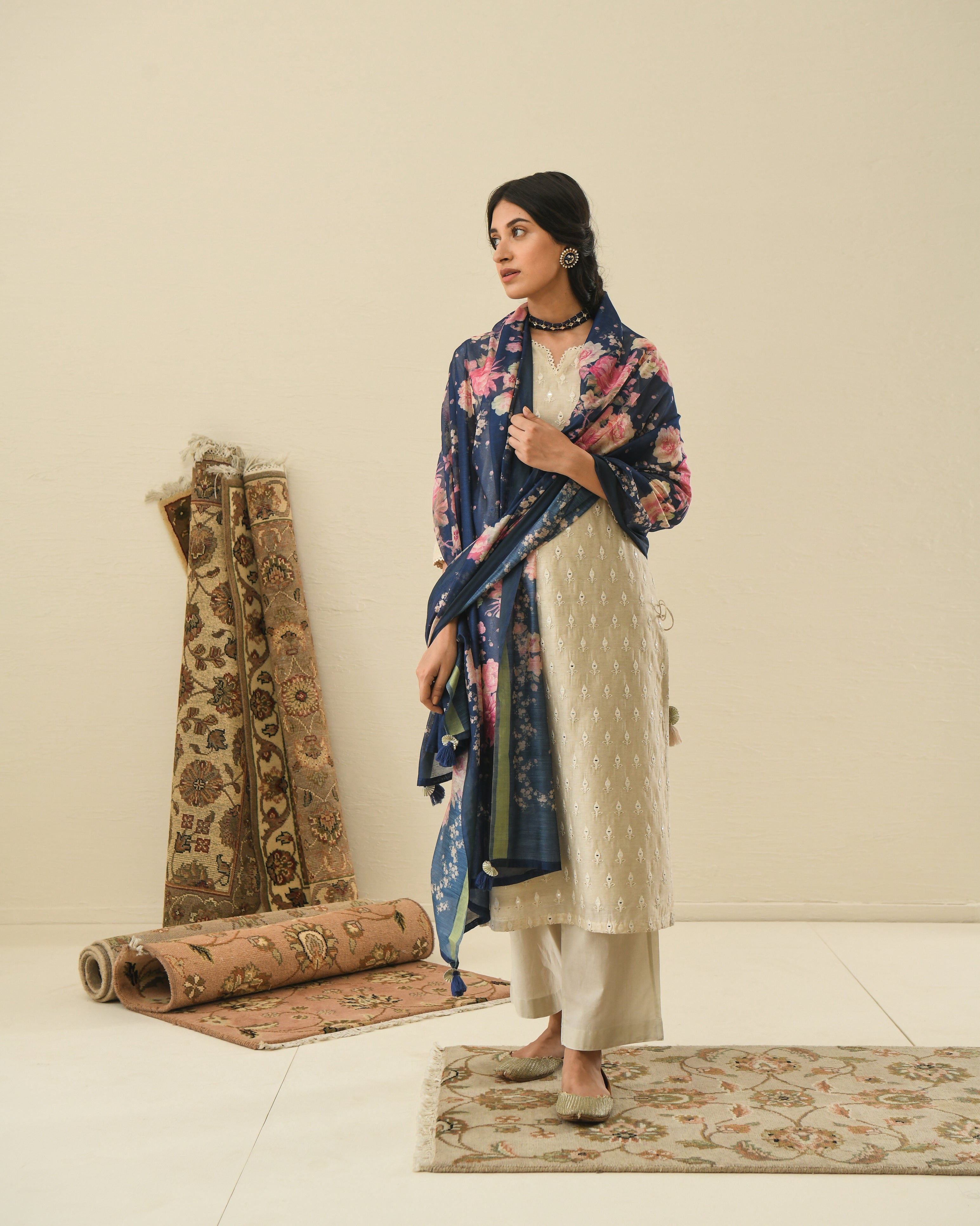 AFREEN BEIGE KURTA SET WITH PRINTED DUPATTA