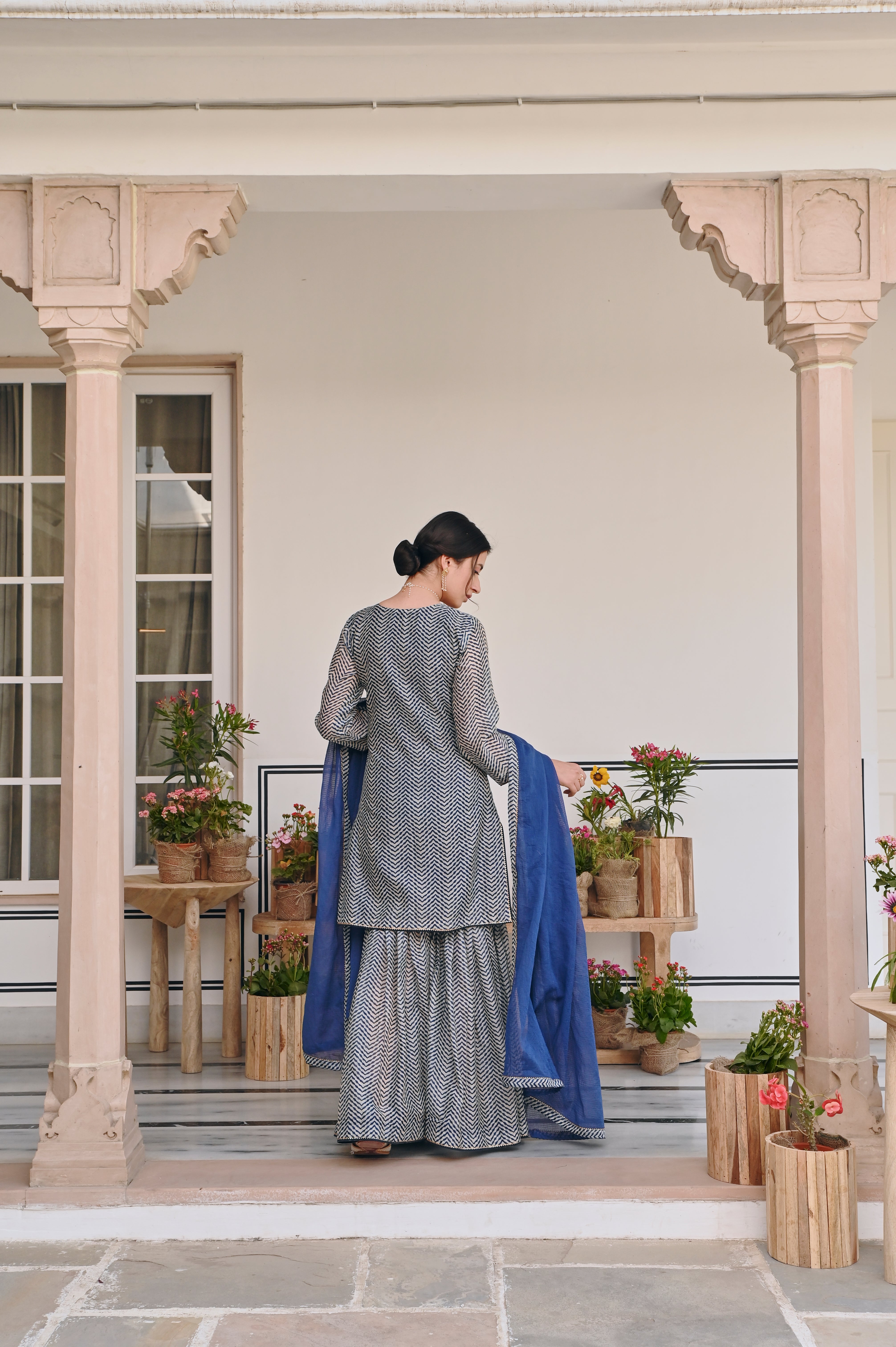 BLUE ZIG-ZAG SHARARA SET