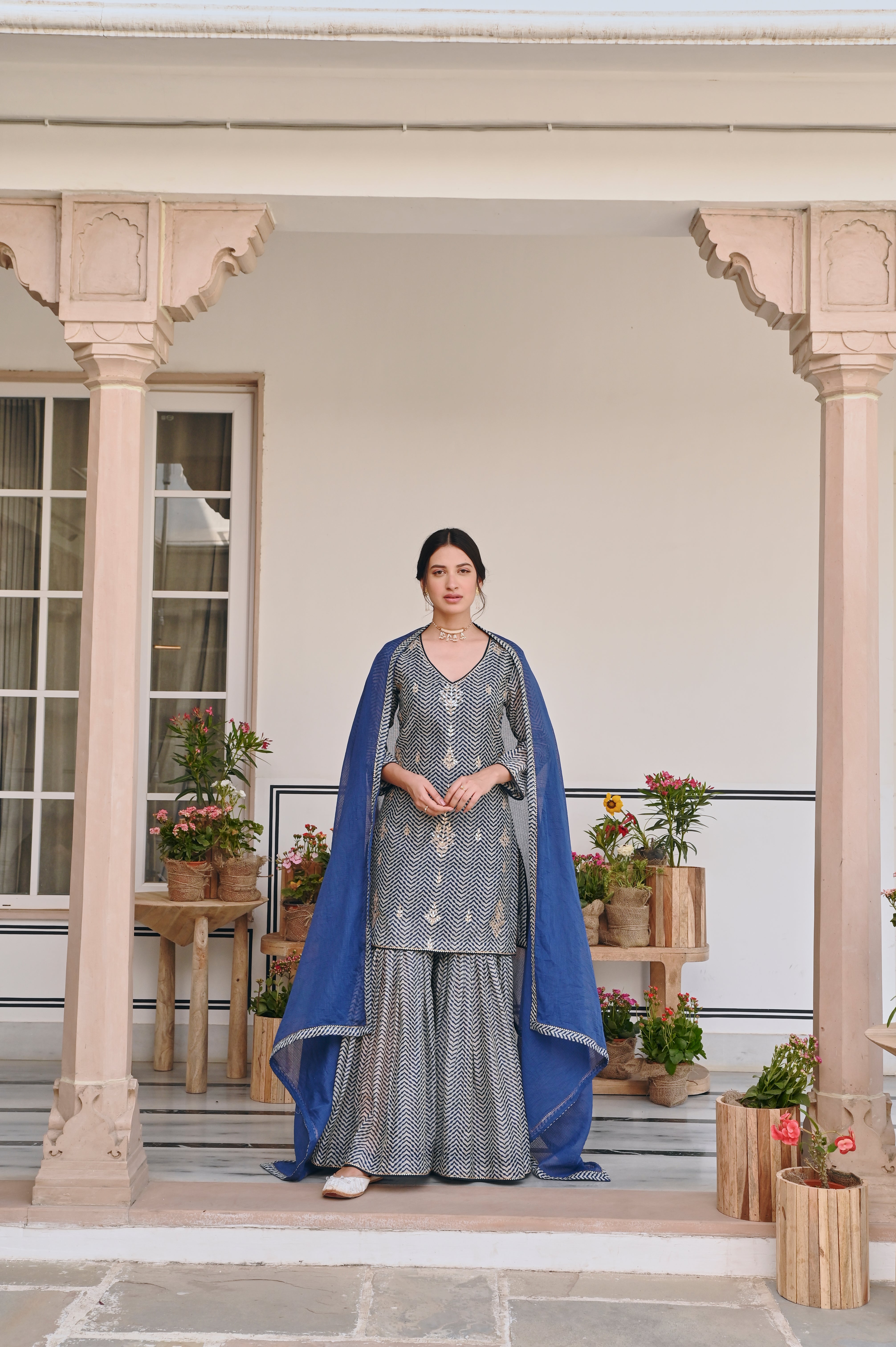 BLUE ZIG-ZAG SHARARA SET