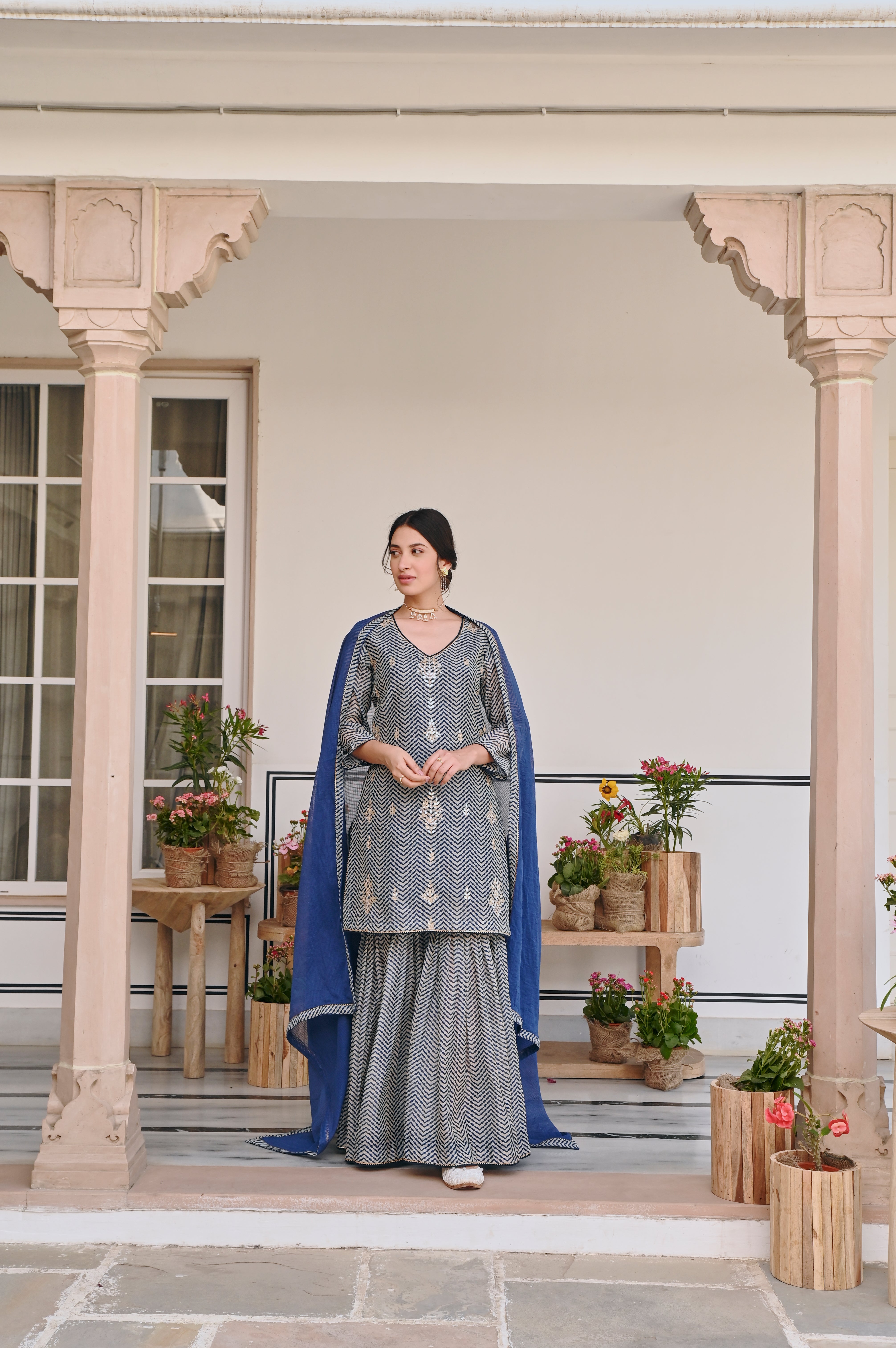 BLUE ZIG-ZAG SHARARA SET