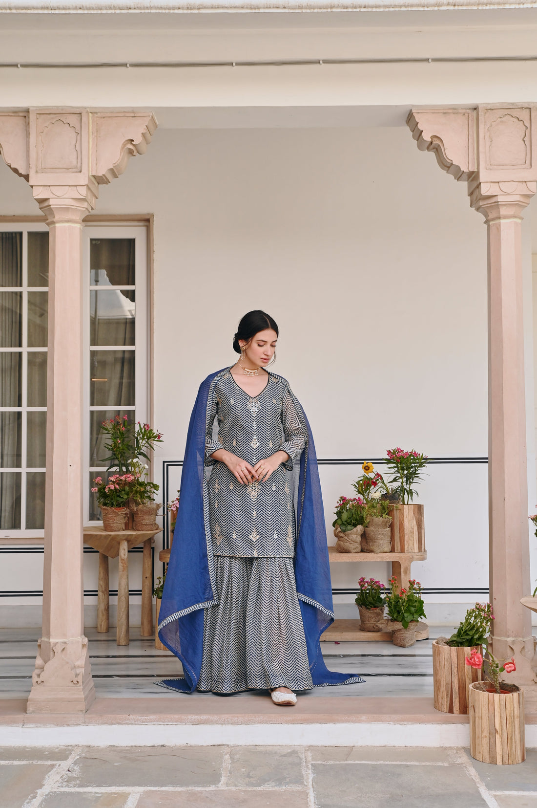 BLUE ZIG-ZAG SHARARA SET