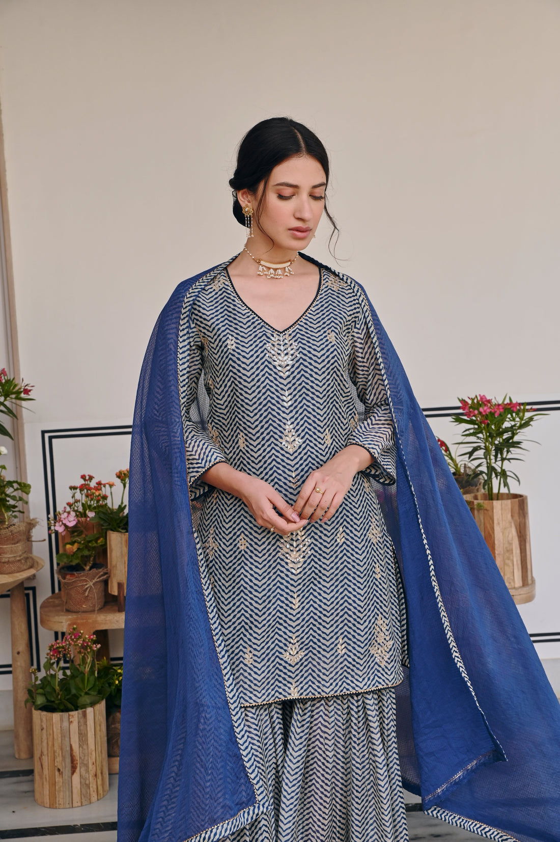 BLUE ZIG-ZAG SHARARA SET