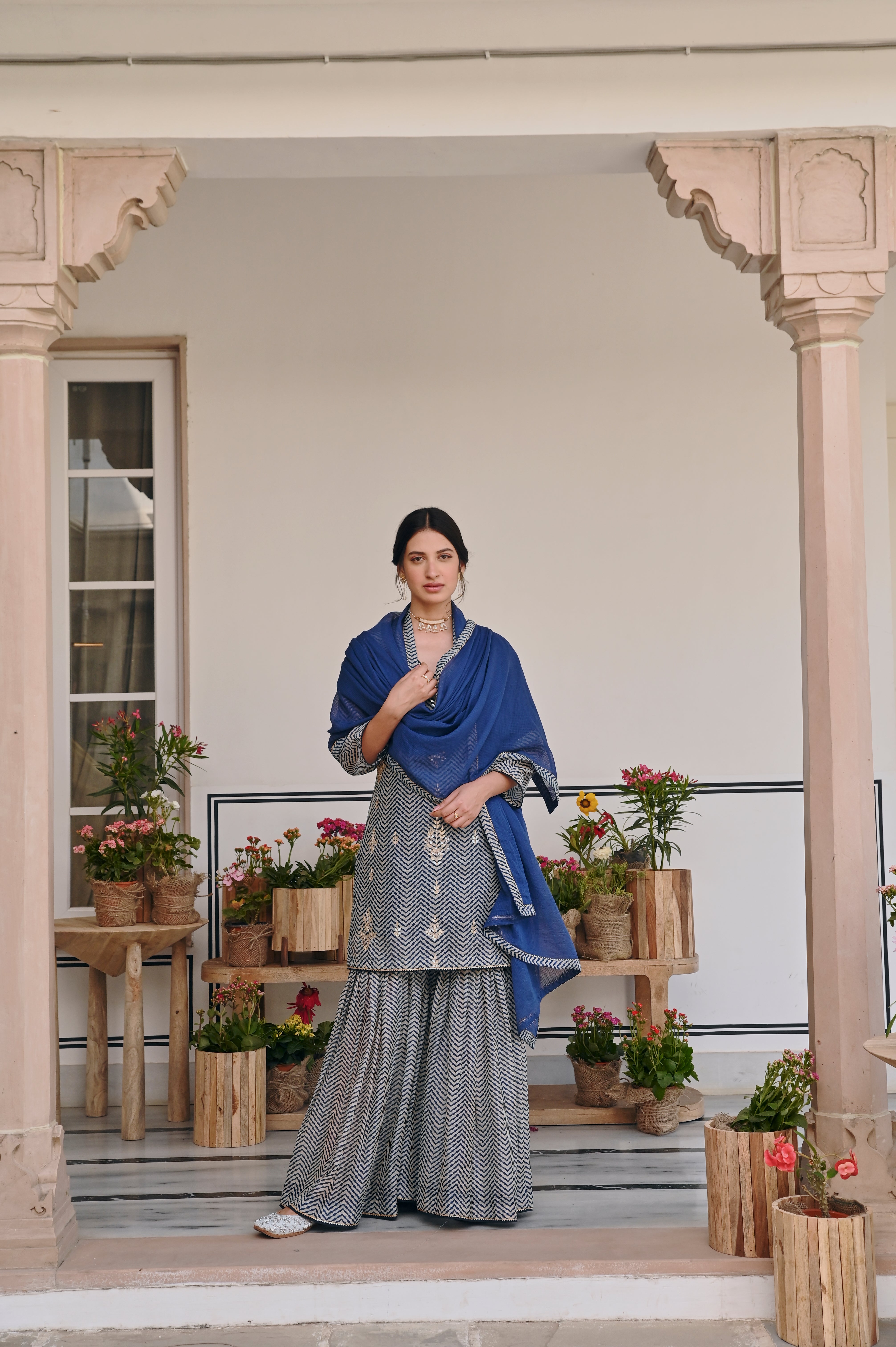 BLUE ZIG-ZAG SHARARA SET