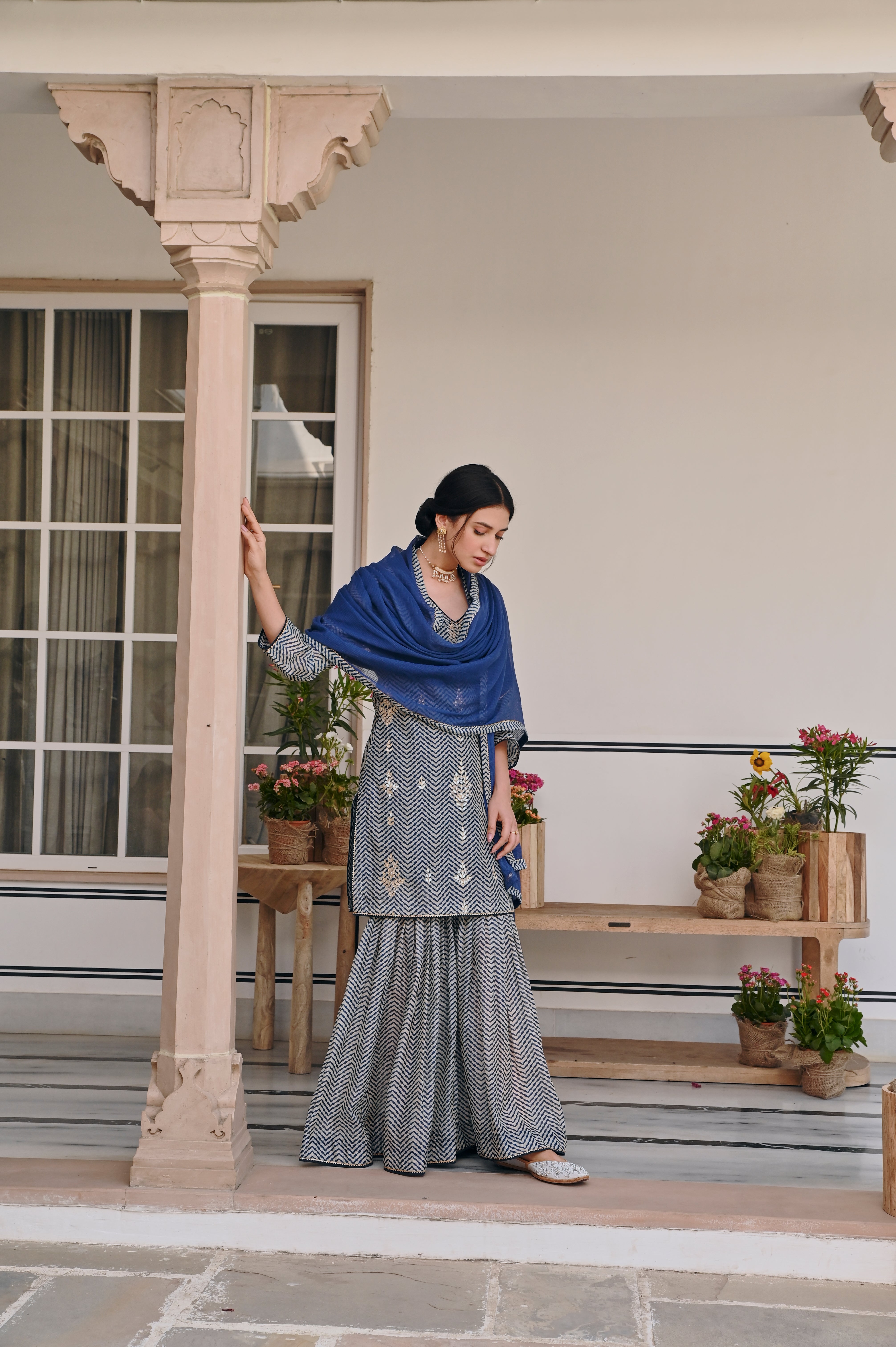 BLUE ZIG-ZAG SHARARA SET