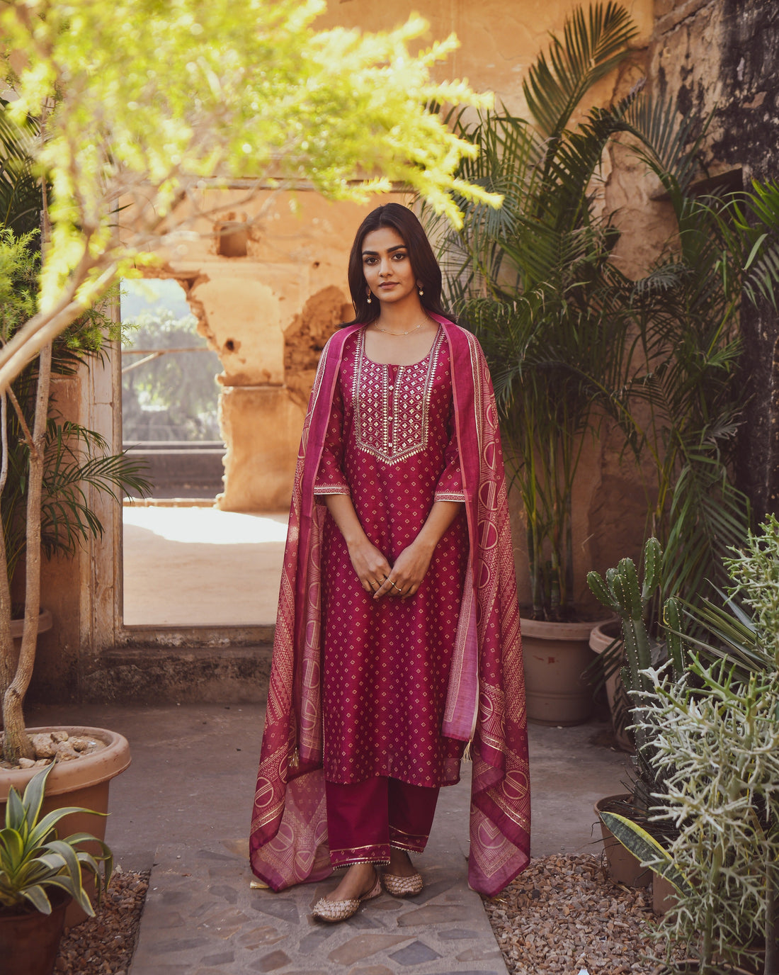 MAGENTA NOOR CHANDERI KURTA SET