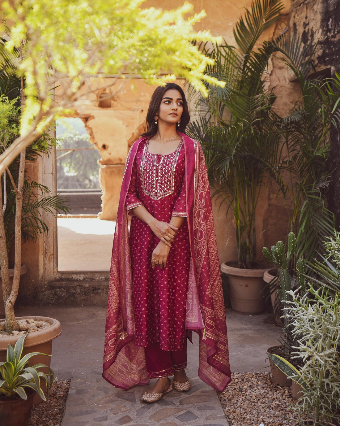 MAGENTA NOOR CHANDERI KURTA SET