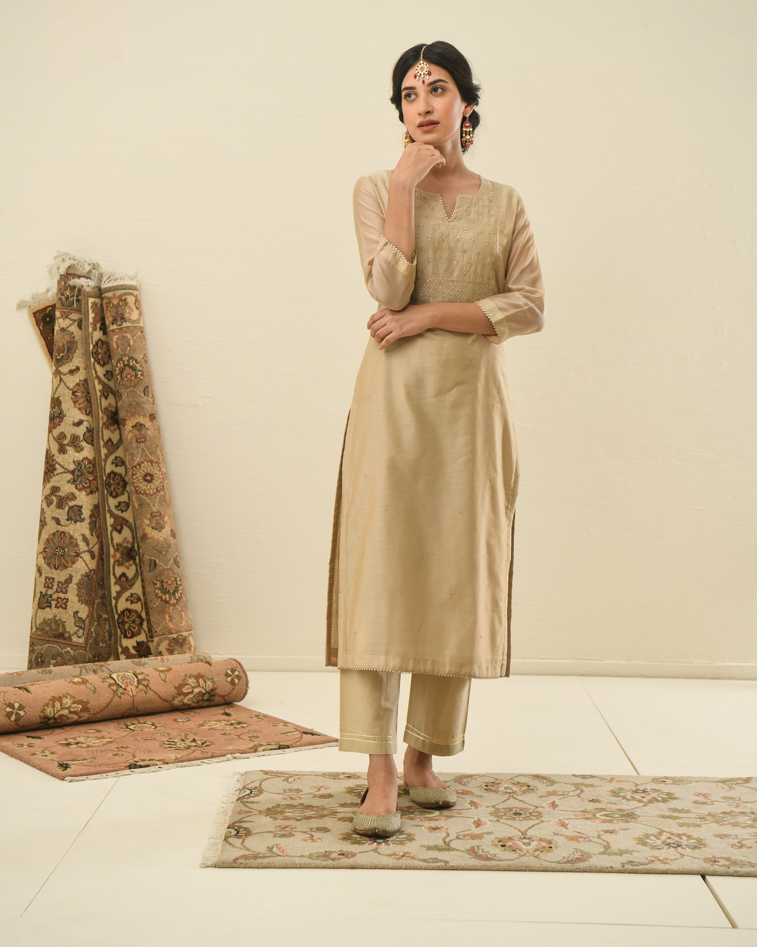 BEIGE MEHER KURTA SET WITH PRINTED DUPATTA