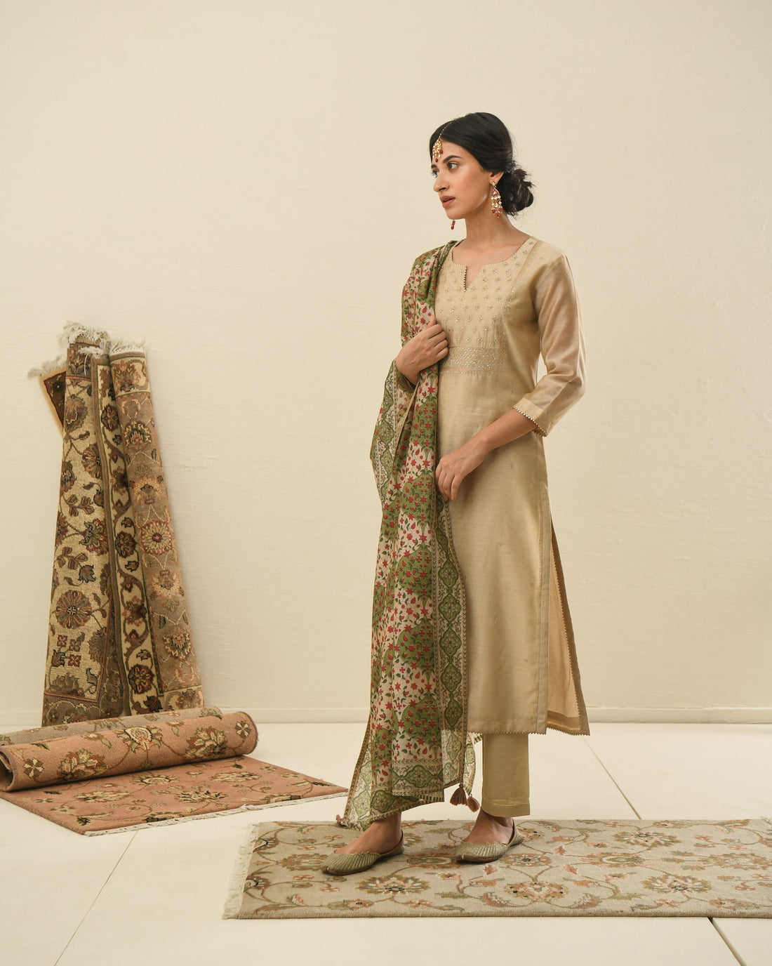 BEIGE MEHER KURTA SET WITH PRINTED DUPATTA
