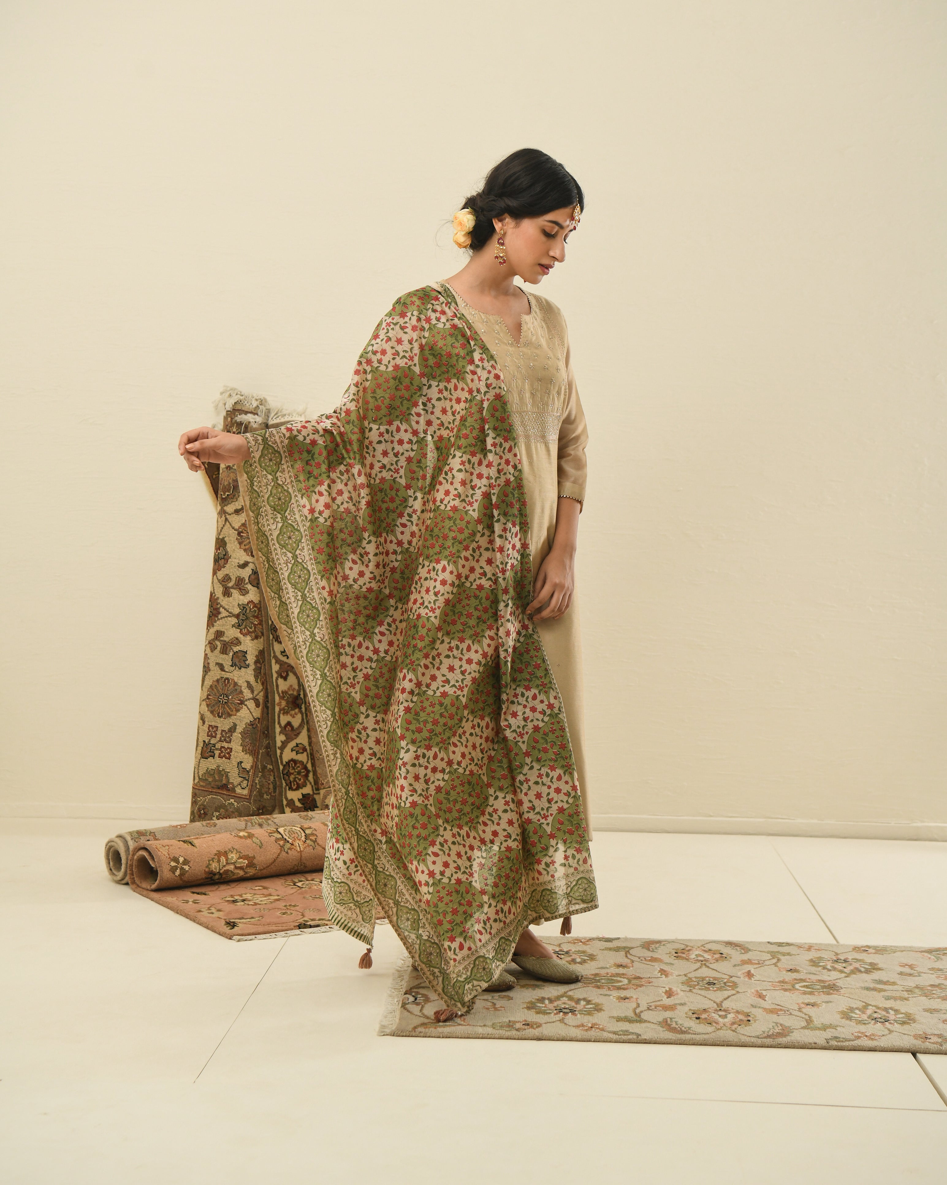 BEIGE MEHER KURTA SET WITH PRINTED DUPATTA