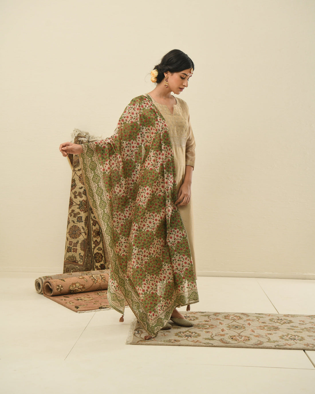 BEIGE MEHER KURTA SET WITH PRINTED DUPATTA