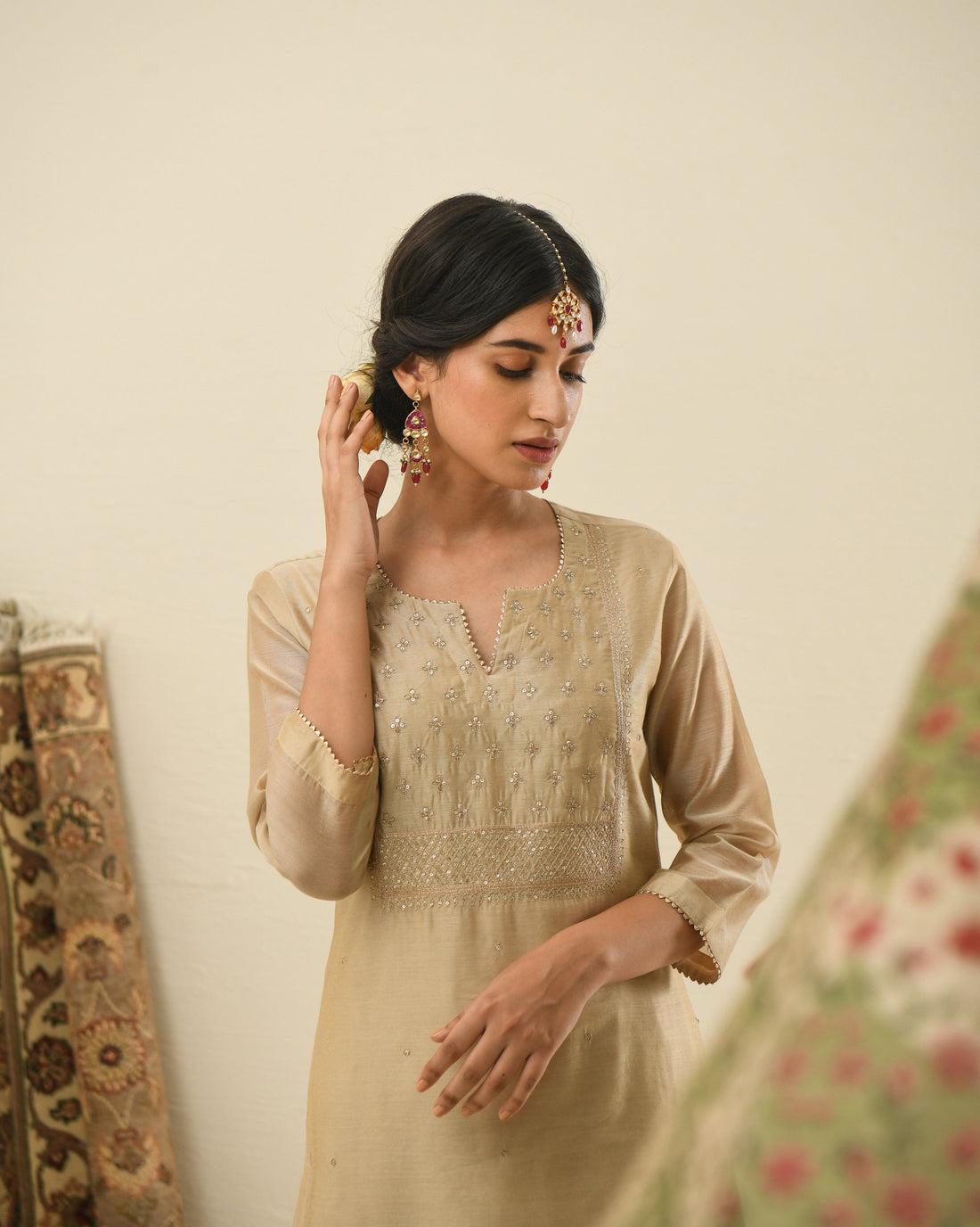 BEIGE MEHER KURTA SET WITH PRINTED DUPATTA