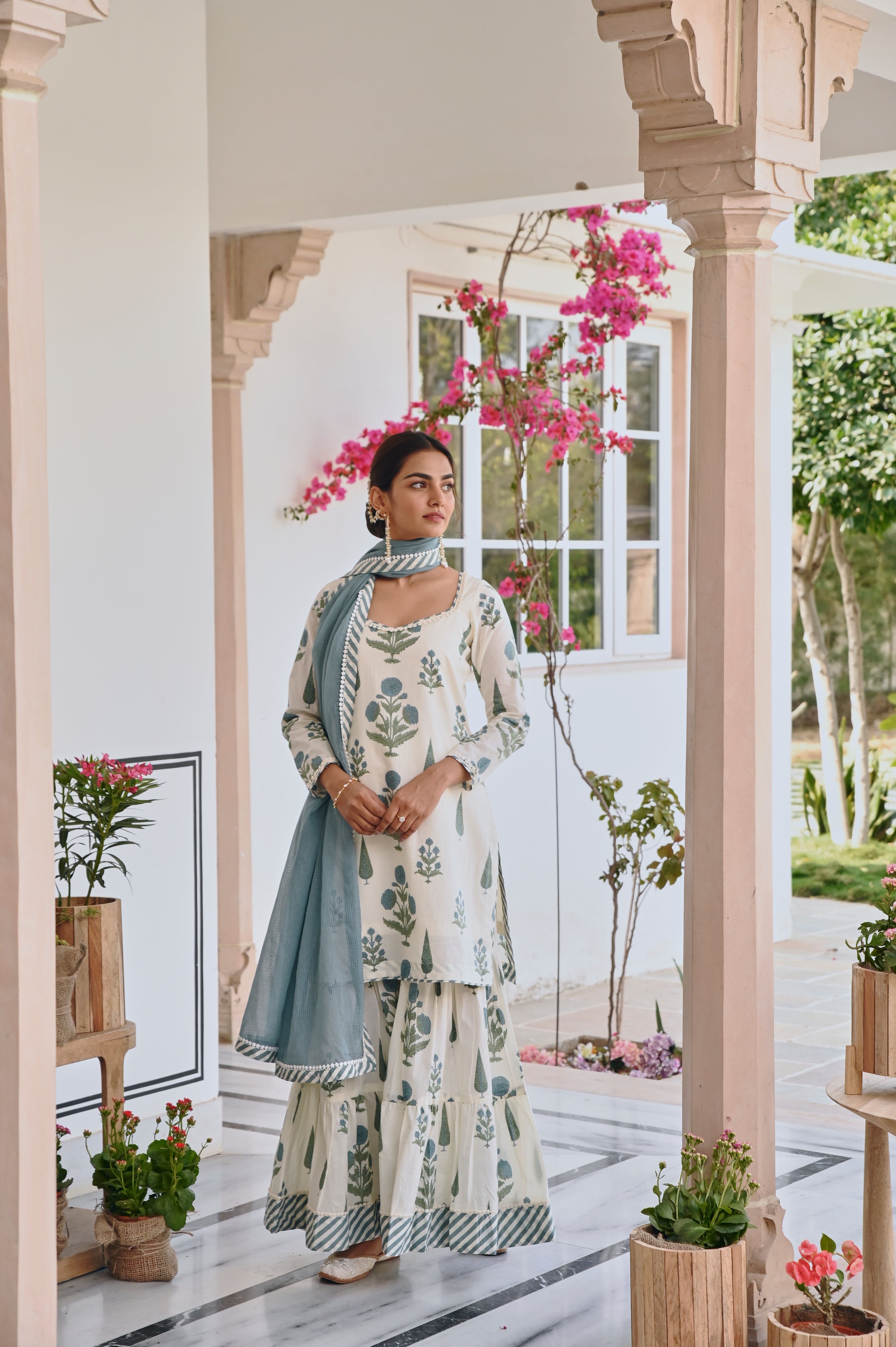 BLUE AND CREAM BUTTA SHARARA SET
