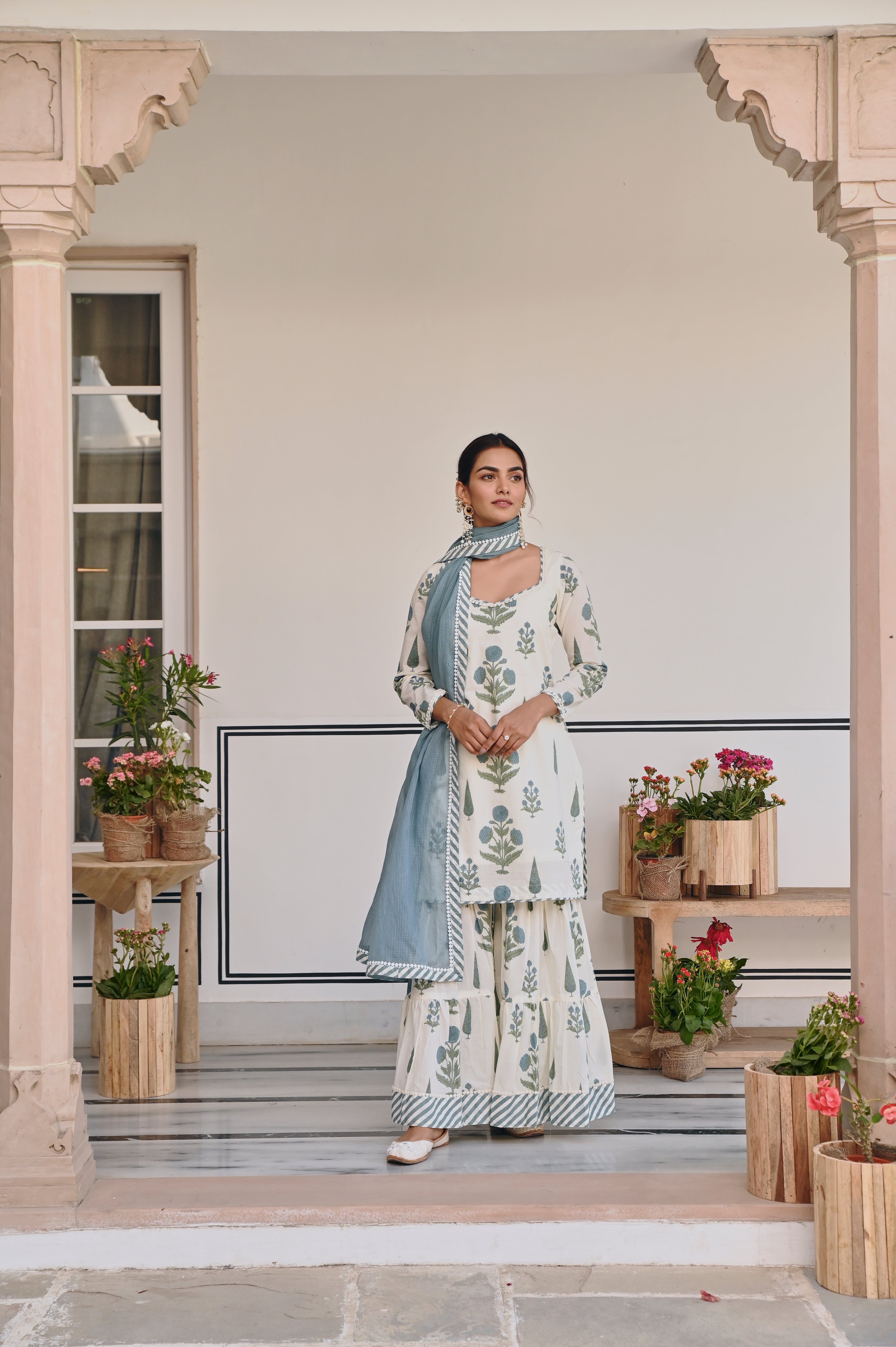 BLUE AND CREAM BUTTA SHARARA SET