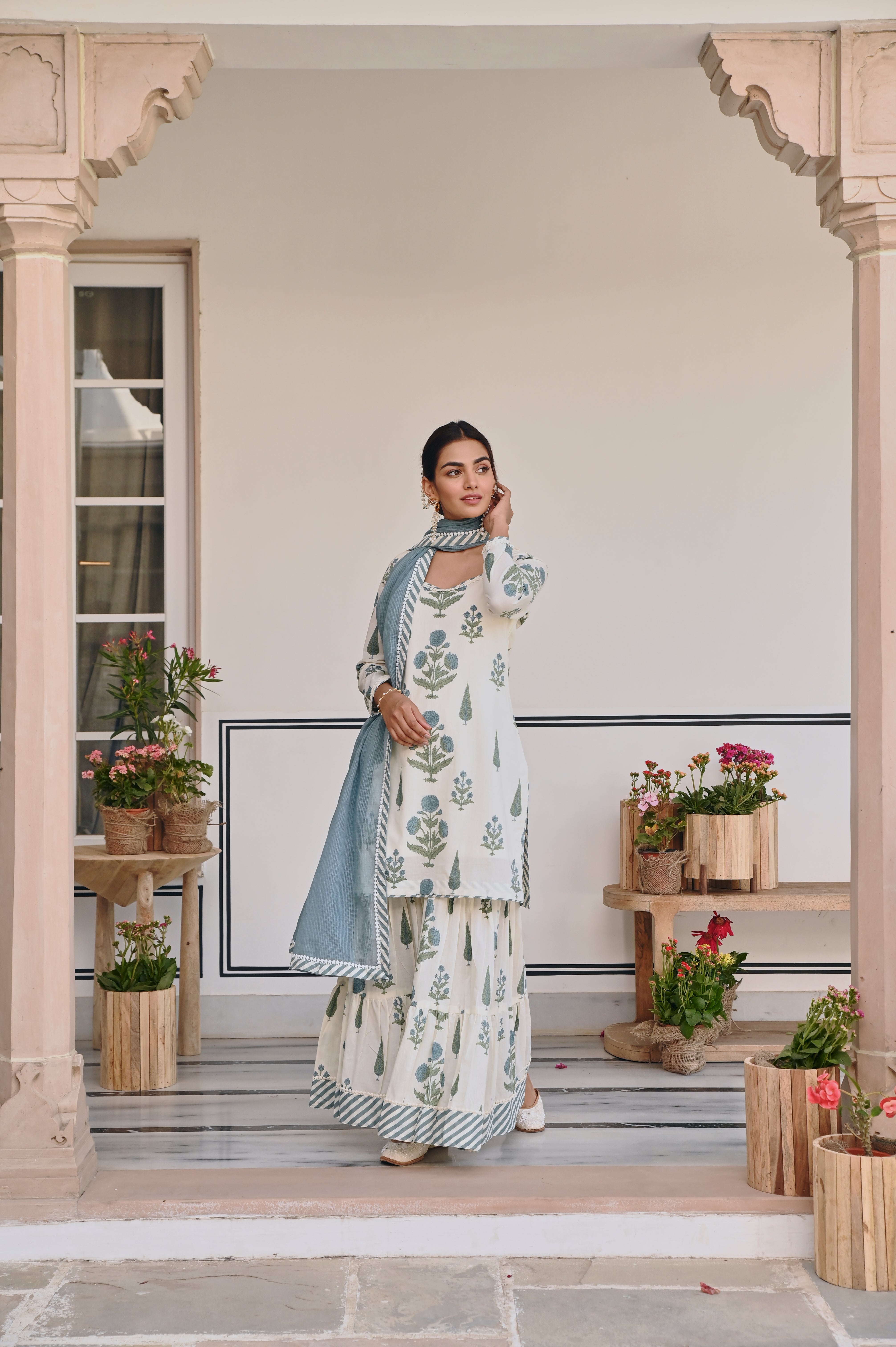 BLUE AND CREAM BUTTA SHARARA SET