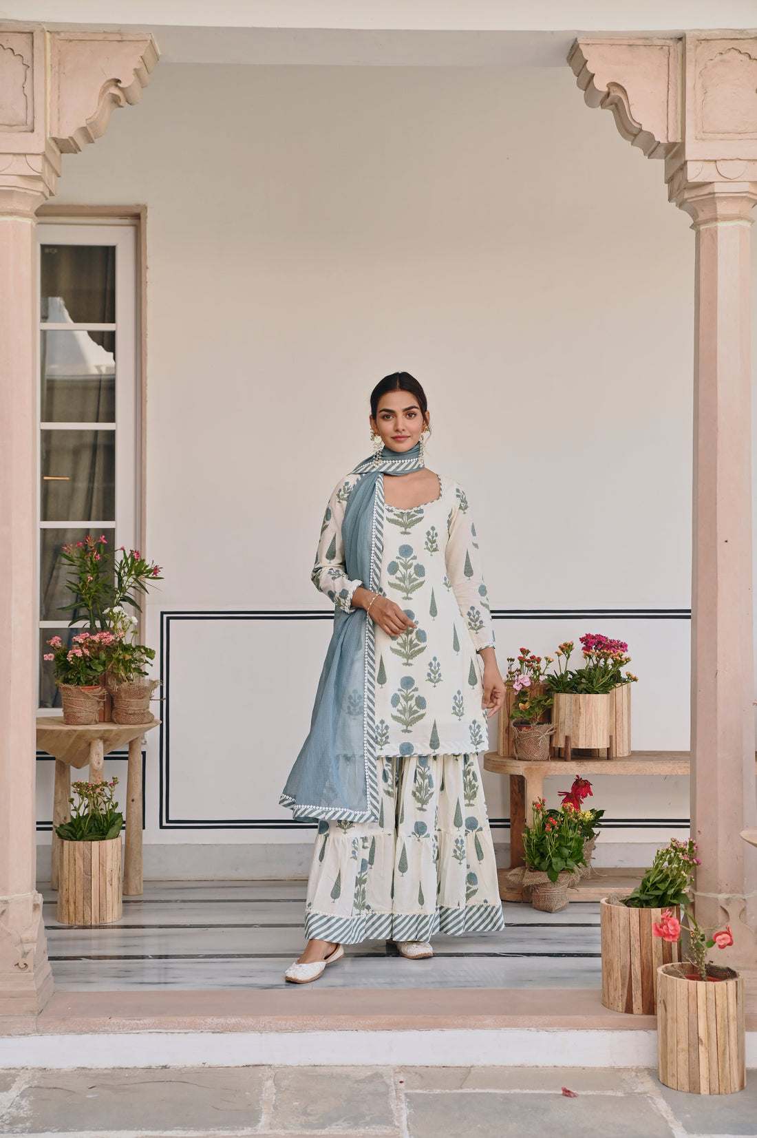 BLUE AND CREAM BUTTA SHARARA SET