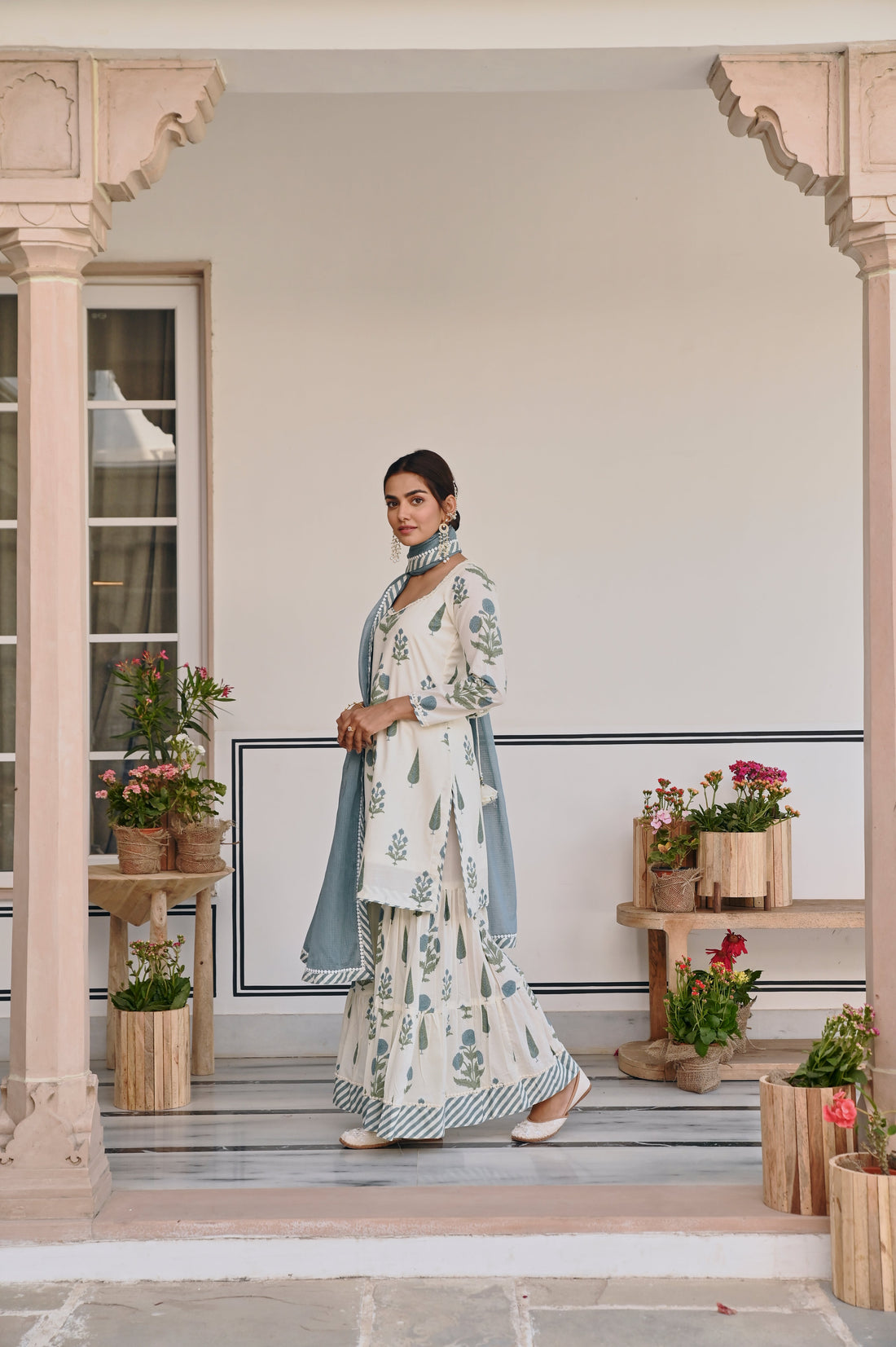 BLUE AND CREAM BUTTA SHARARA SET