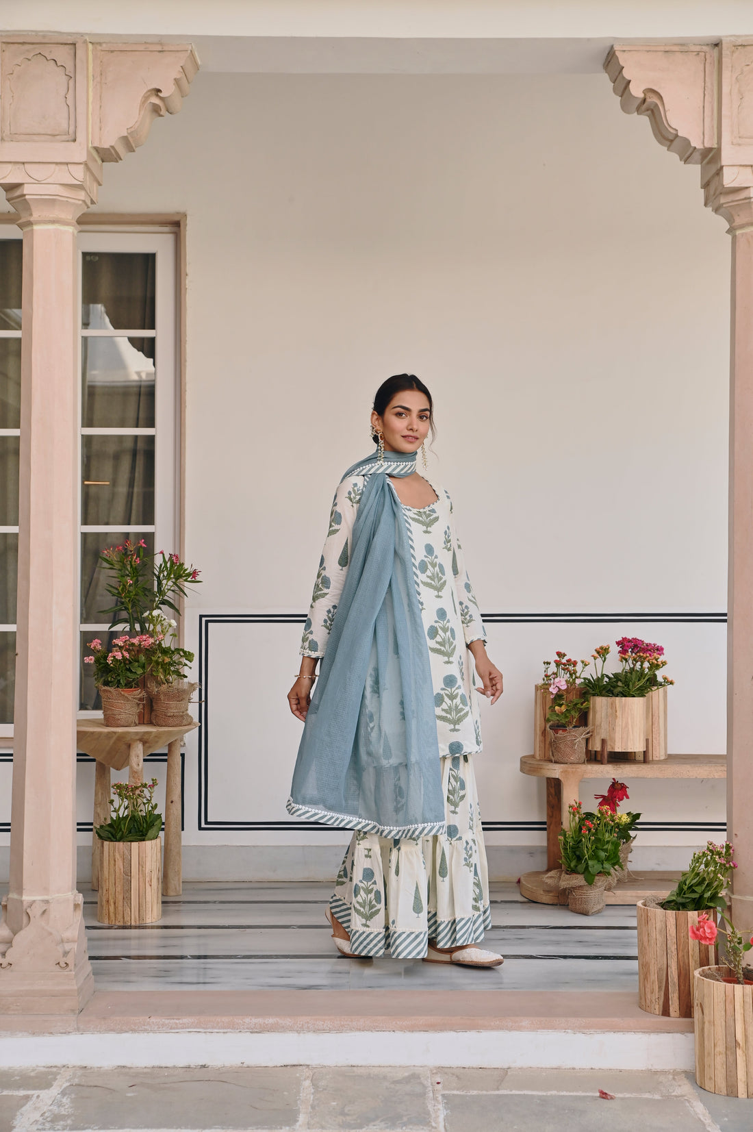 BLUE AND CREAM BUTTA SHARARA SET