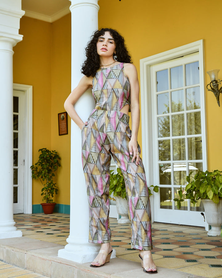 ABSTRACT MUSLIN GREY PRINT JUMPSUIT