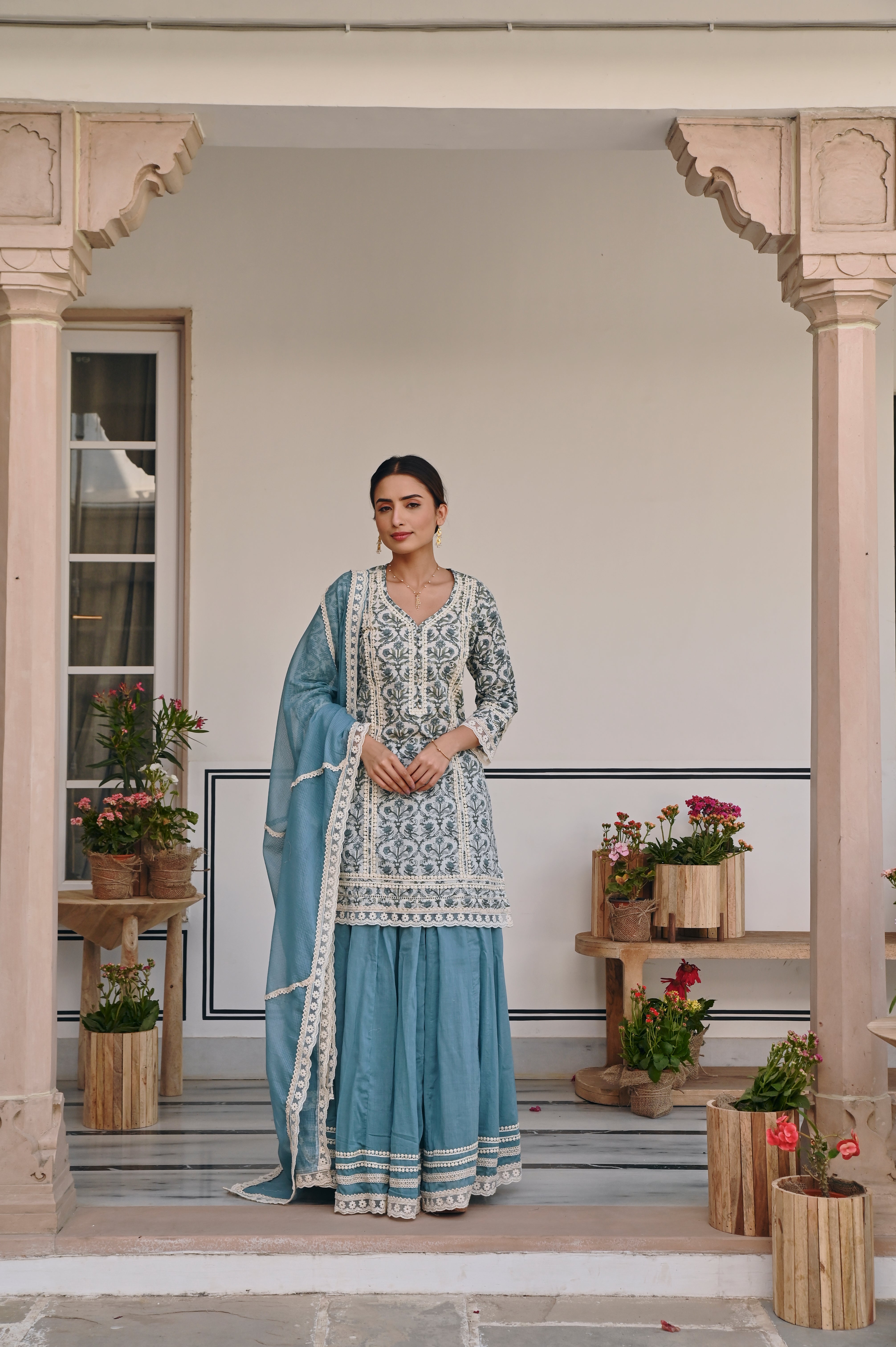 BLUE JAAL PRINT SKIRT SET