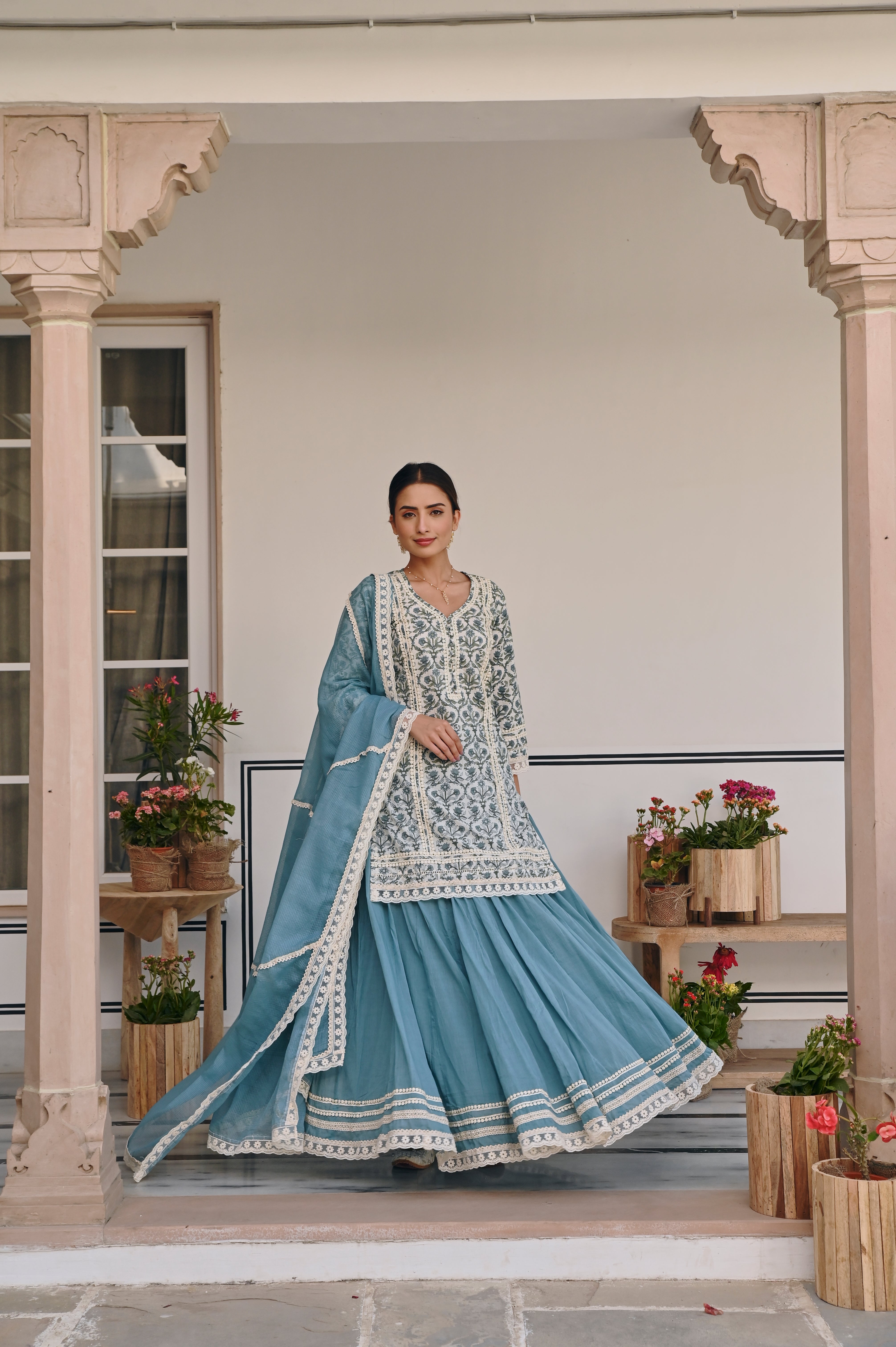 BLUE JAAL PRINT SKIRT SET