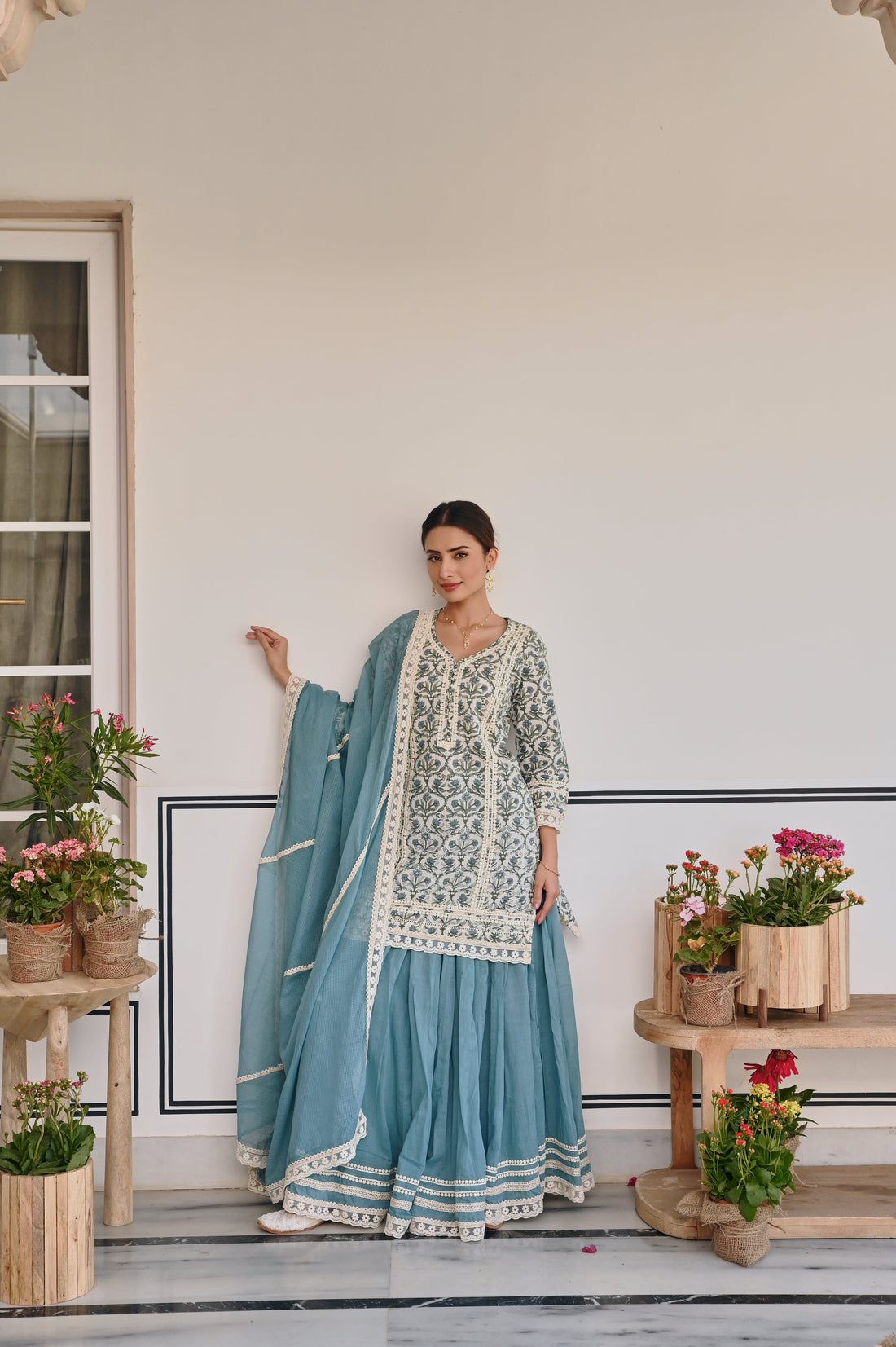 BLUE JAAL PRINT SKIRT SET