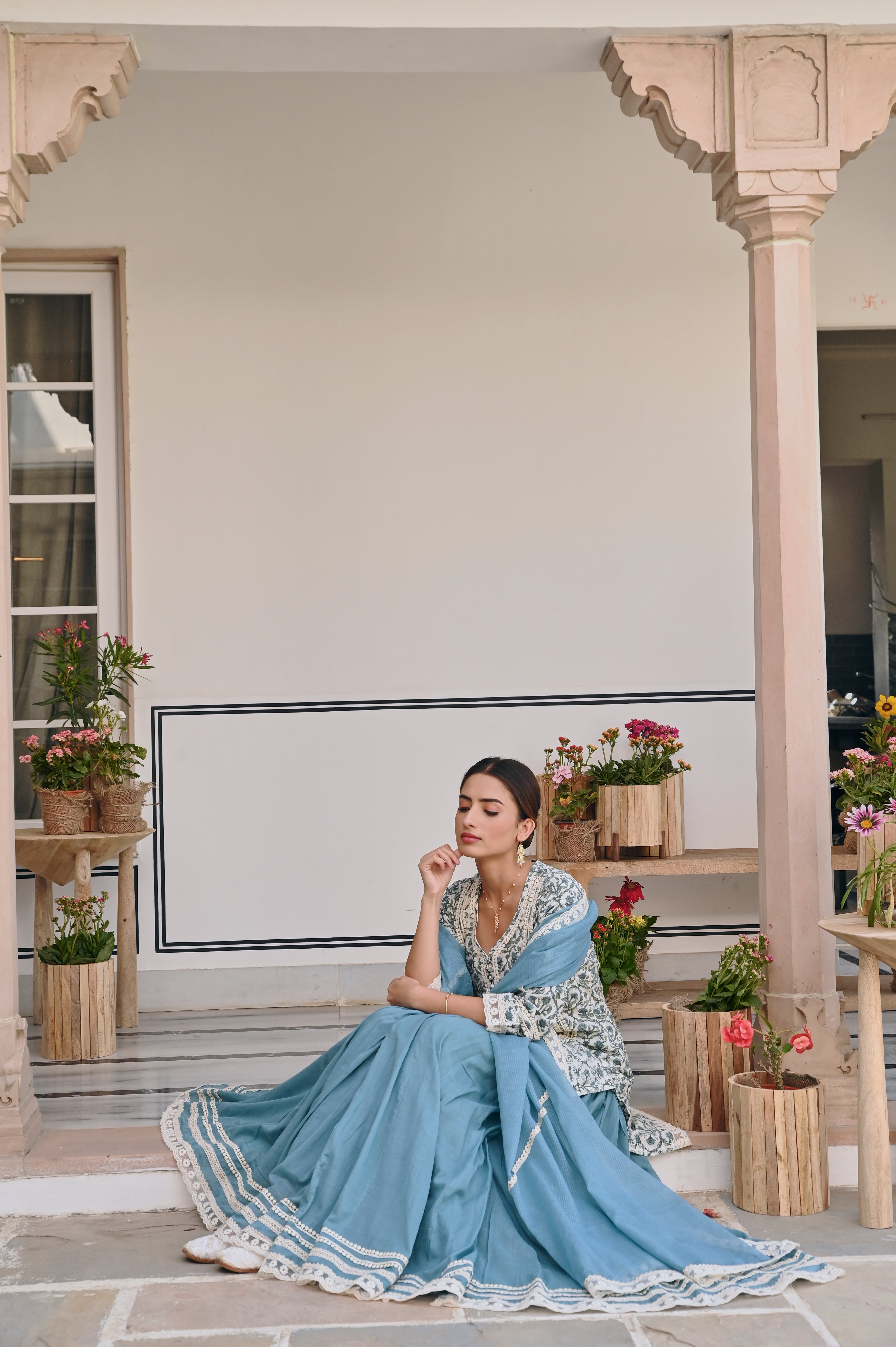 BLUE JAAL PRINT SKIRT SET
