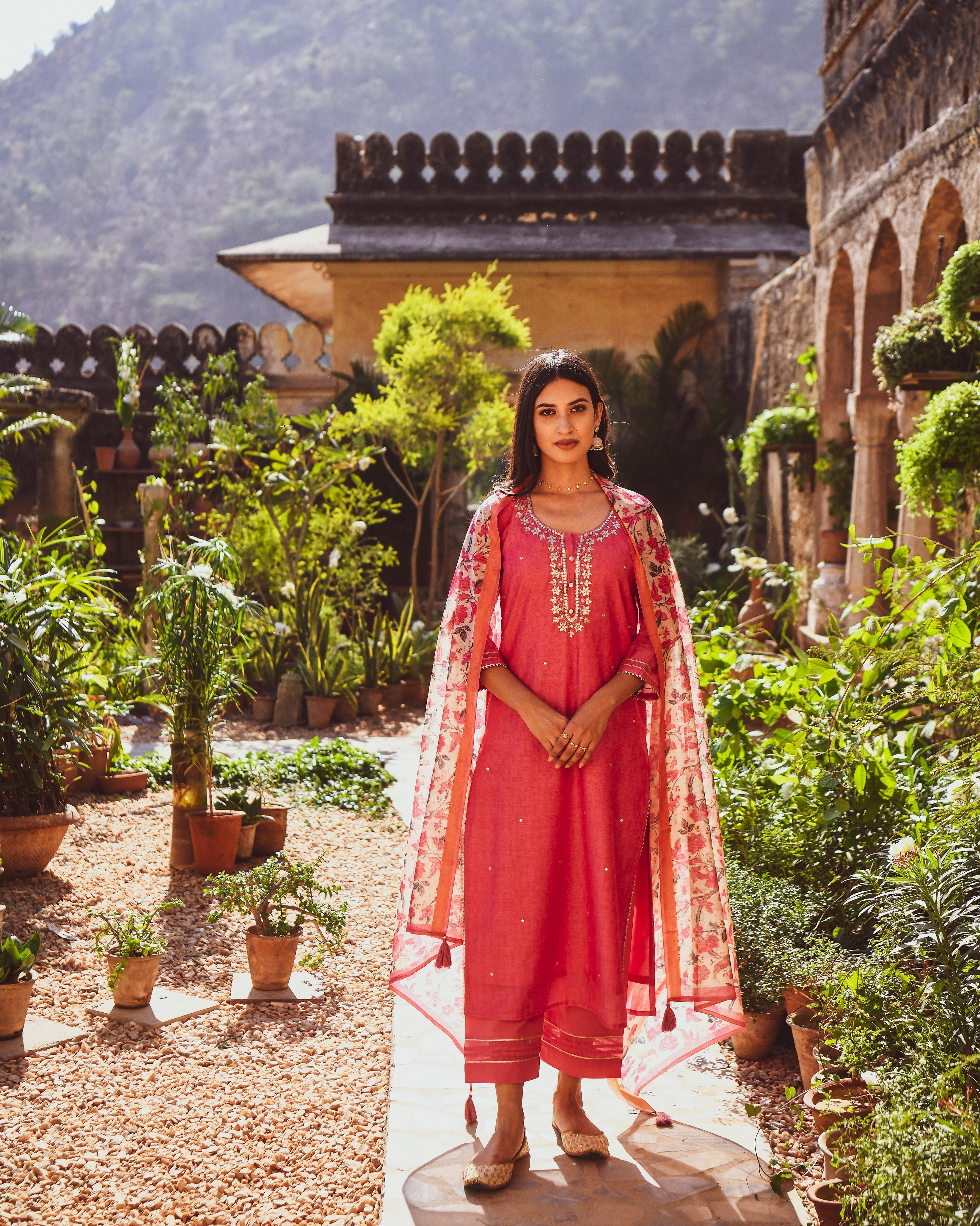 PINK CHANDERI KURTA SET