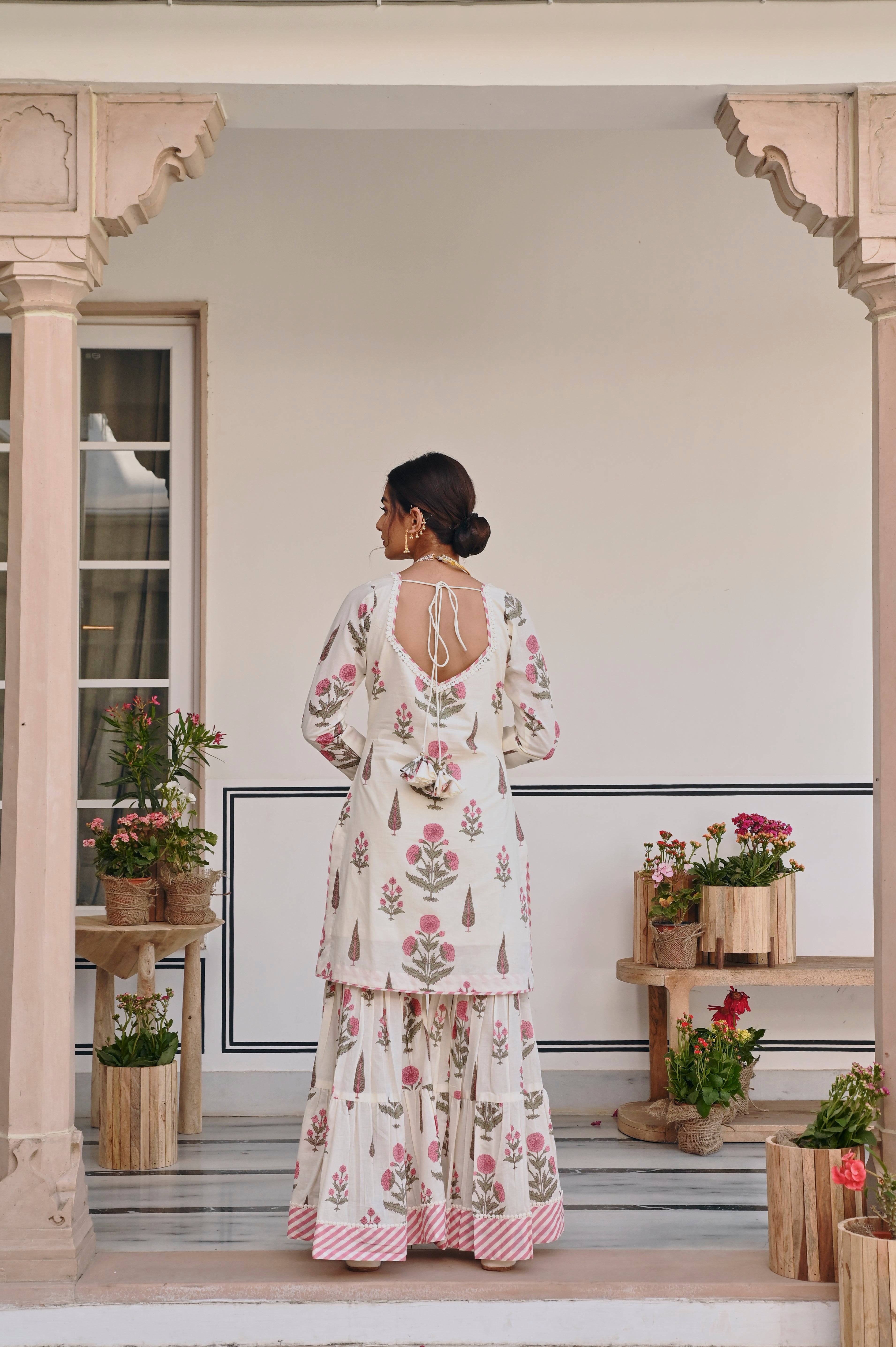 PINK & CREAM BUTTA PRINT SHARARA SET
