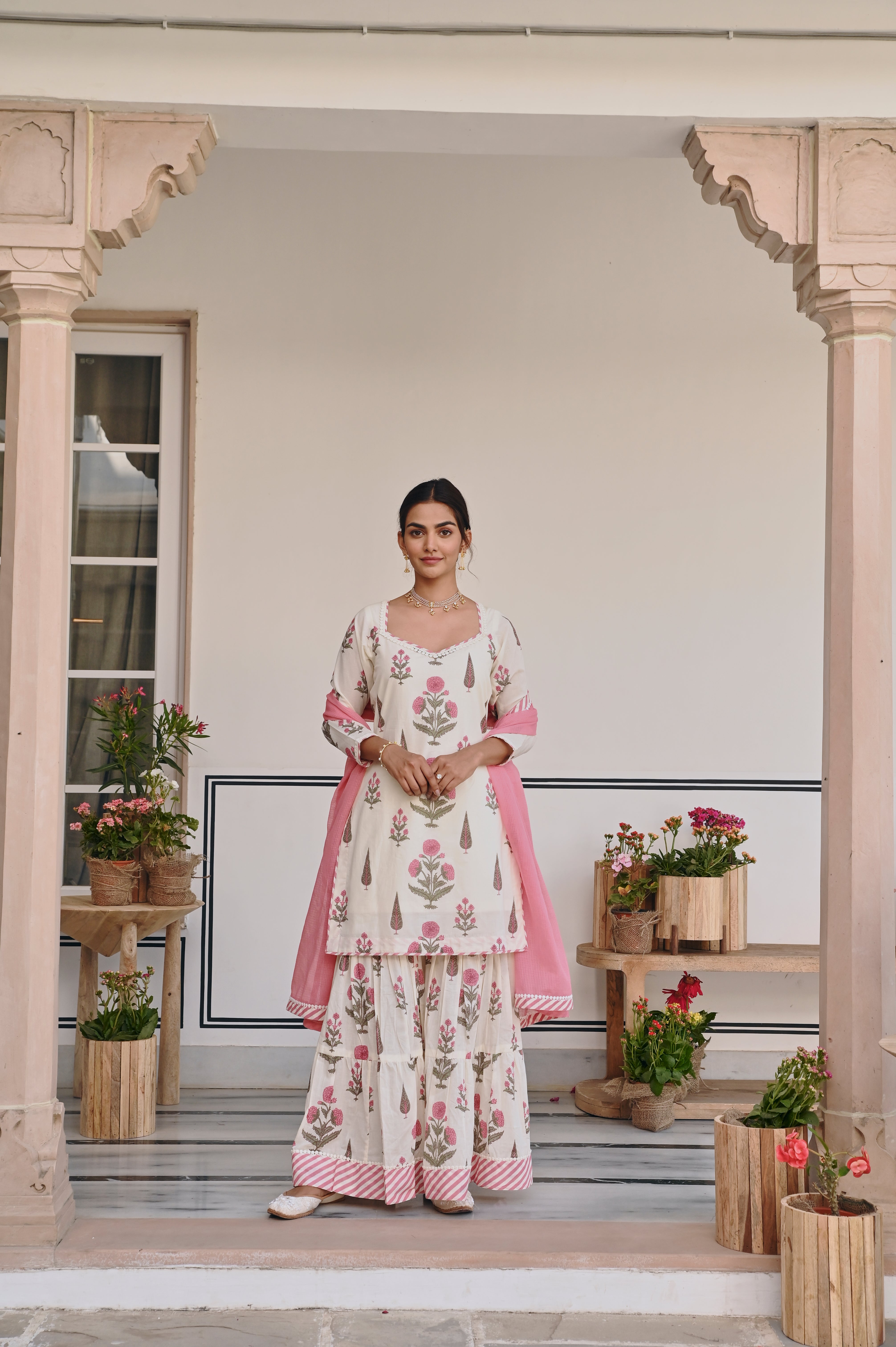 PINK & CREAM BUTTA PRINT SHARARA SET