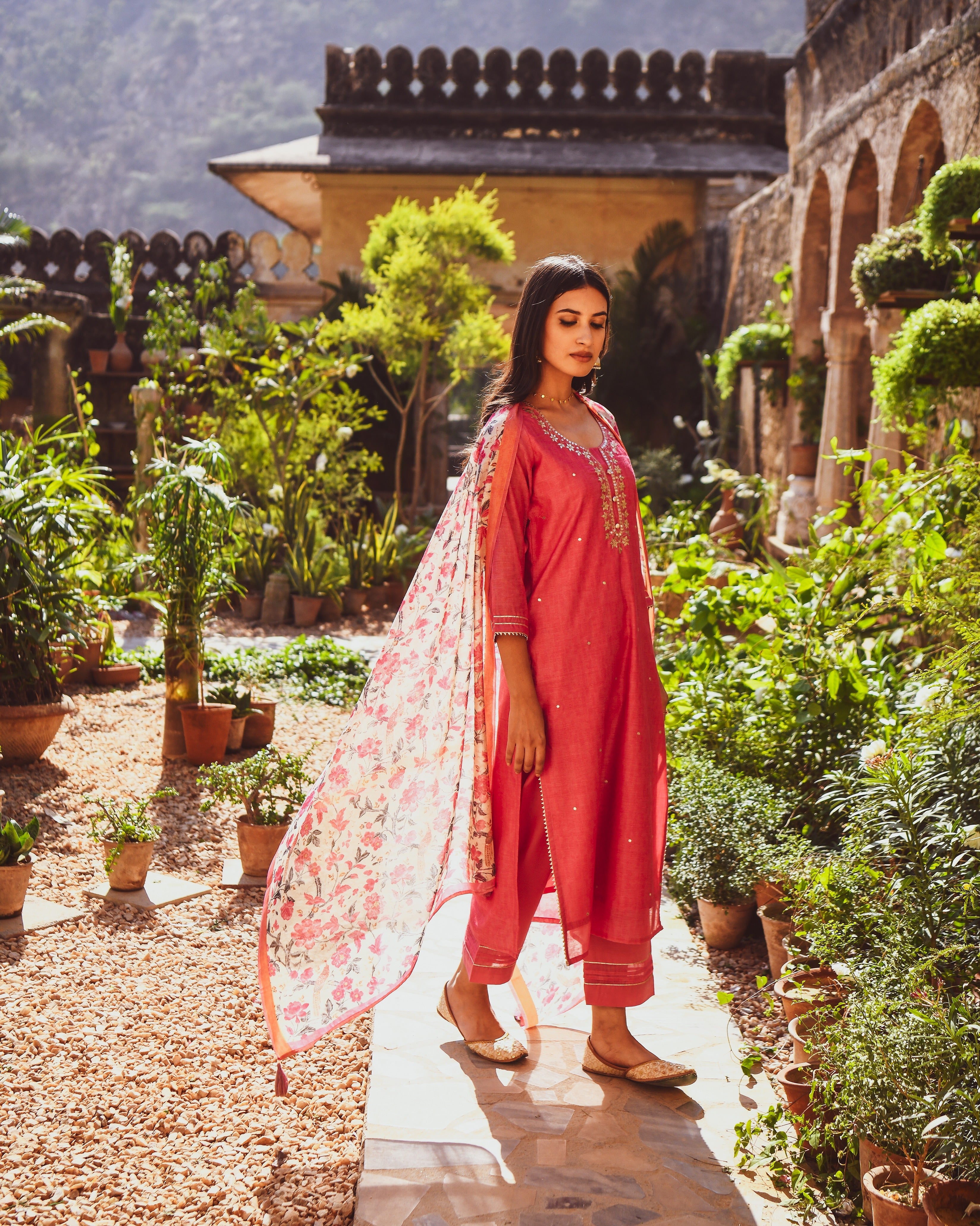PINK CHANDERI KURTA SET