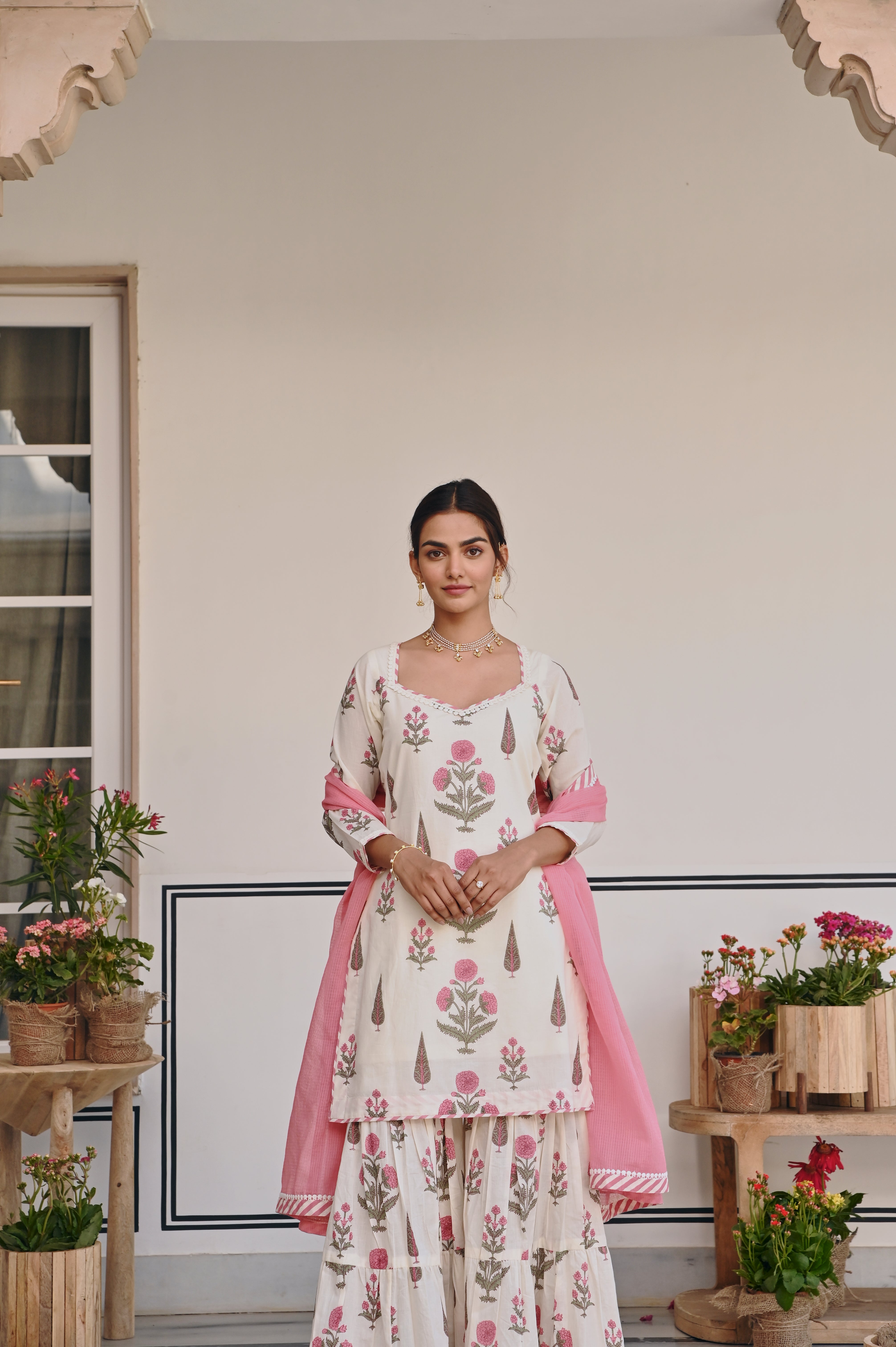 PINK & CREAM BUTTA PRINT SHARARA SET