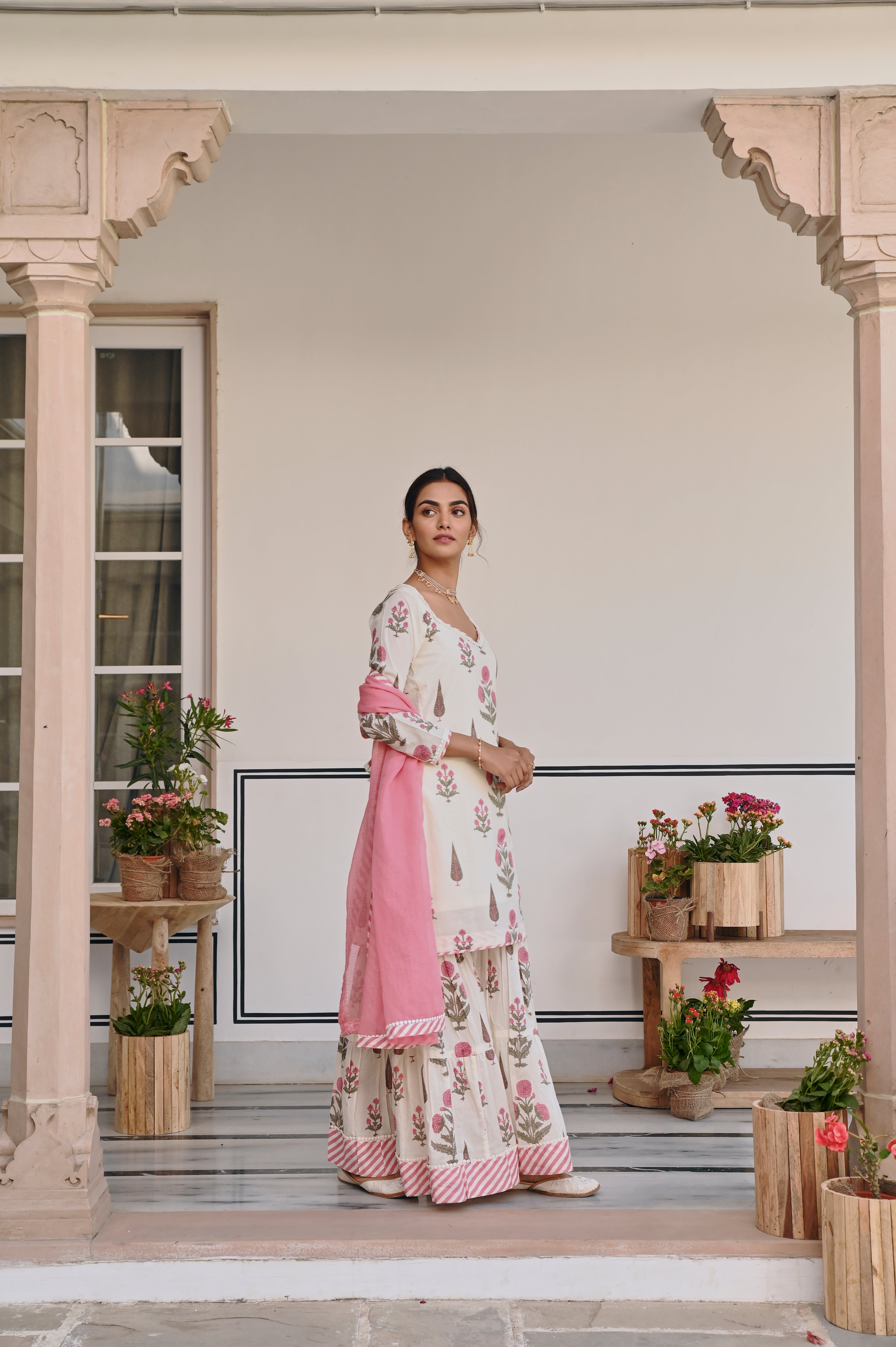 PINK & CREAM BUTTA PRINT SHARARA SET