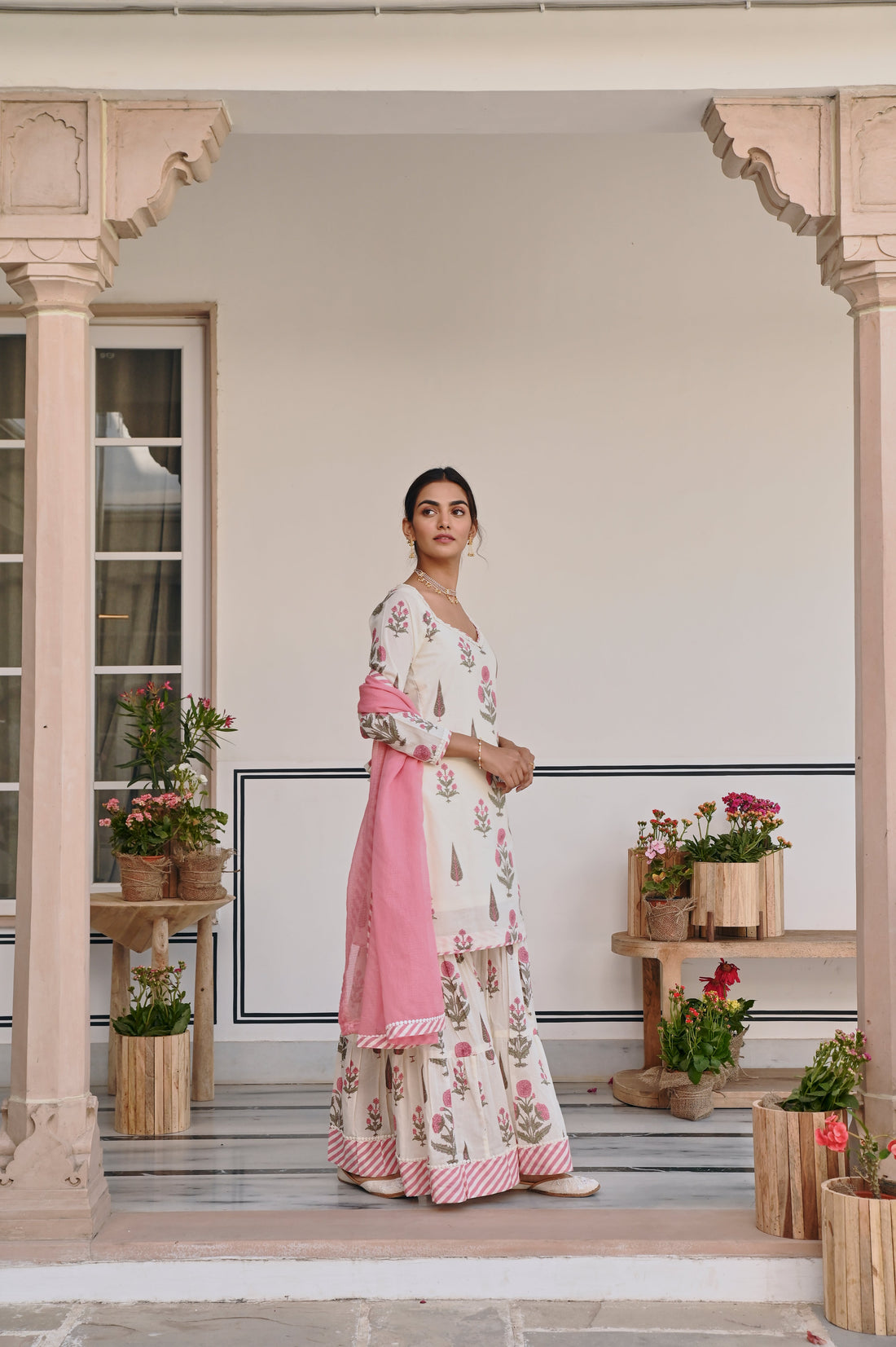 PINK & CREAM BUTTA PRINT SHARARA SET