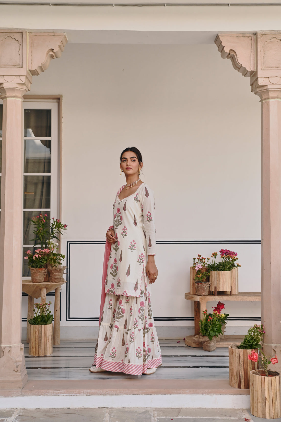 PINK & CREAM BUTTA PRINT SHARARA SET
