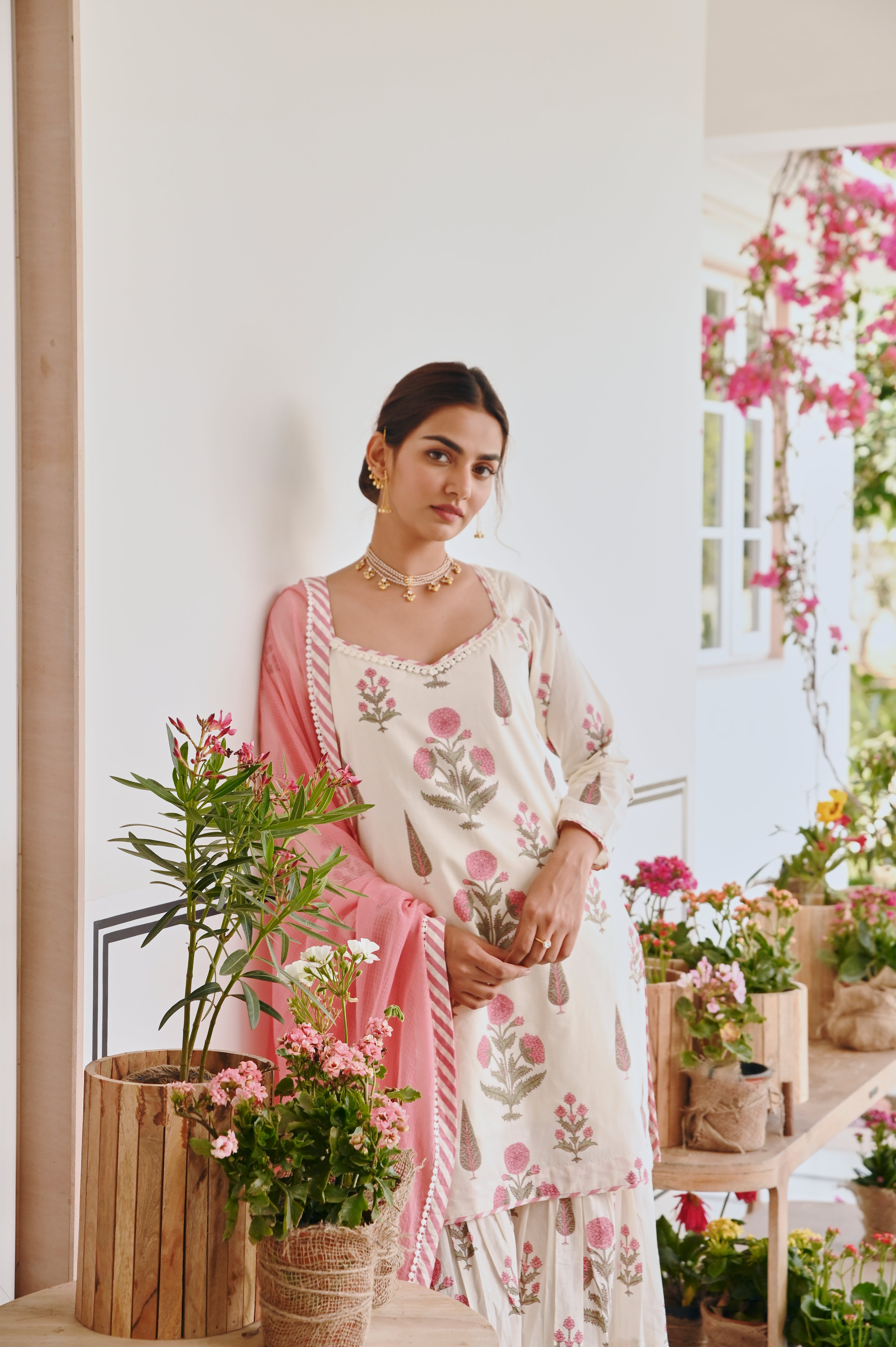 PINK & CREAM BUTTA PRINT SHARARA SET