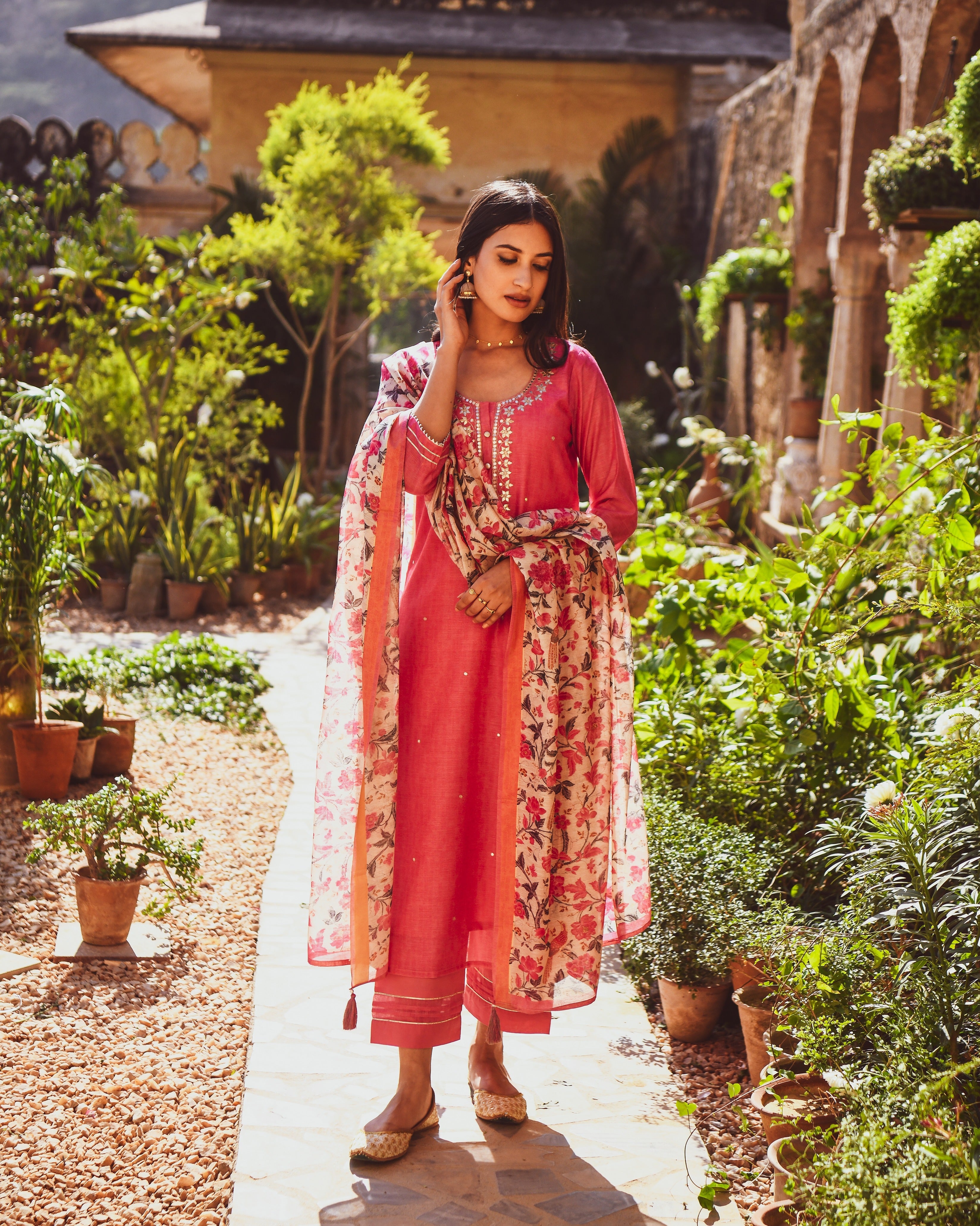 PINK CHANDERI KURTA SET