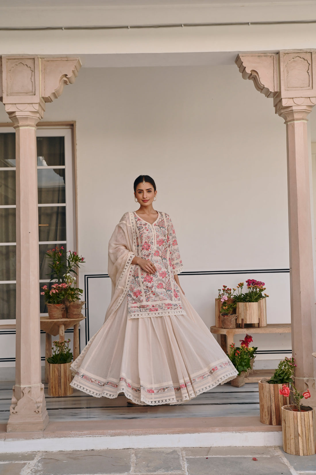 MULTICOLOR JUTE FLORAL PRINT SKIRT SET