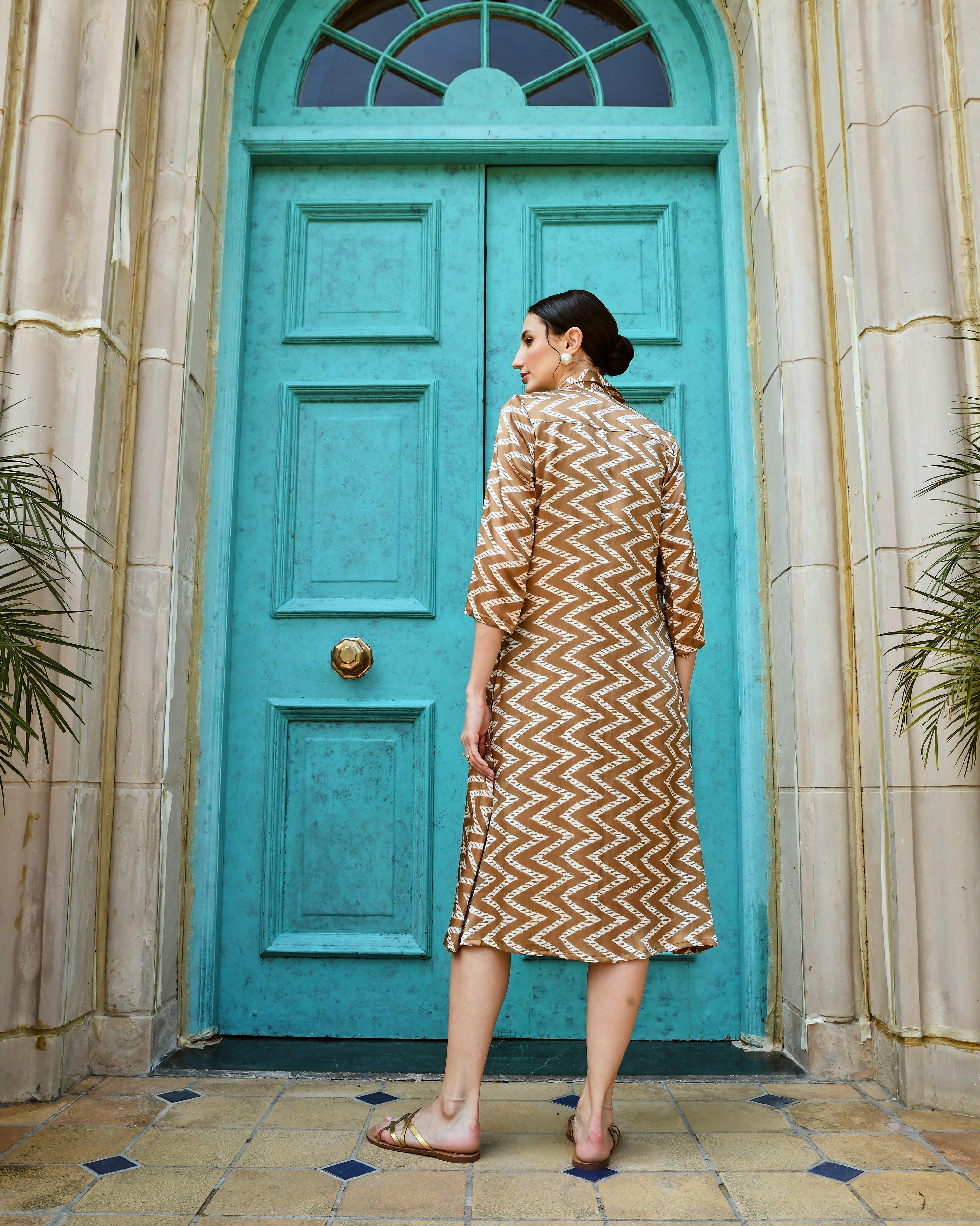 WOOD BROWN LONG ALINE SHIRT DRESS