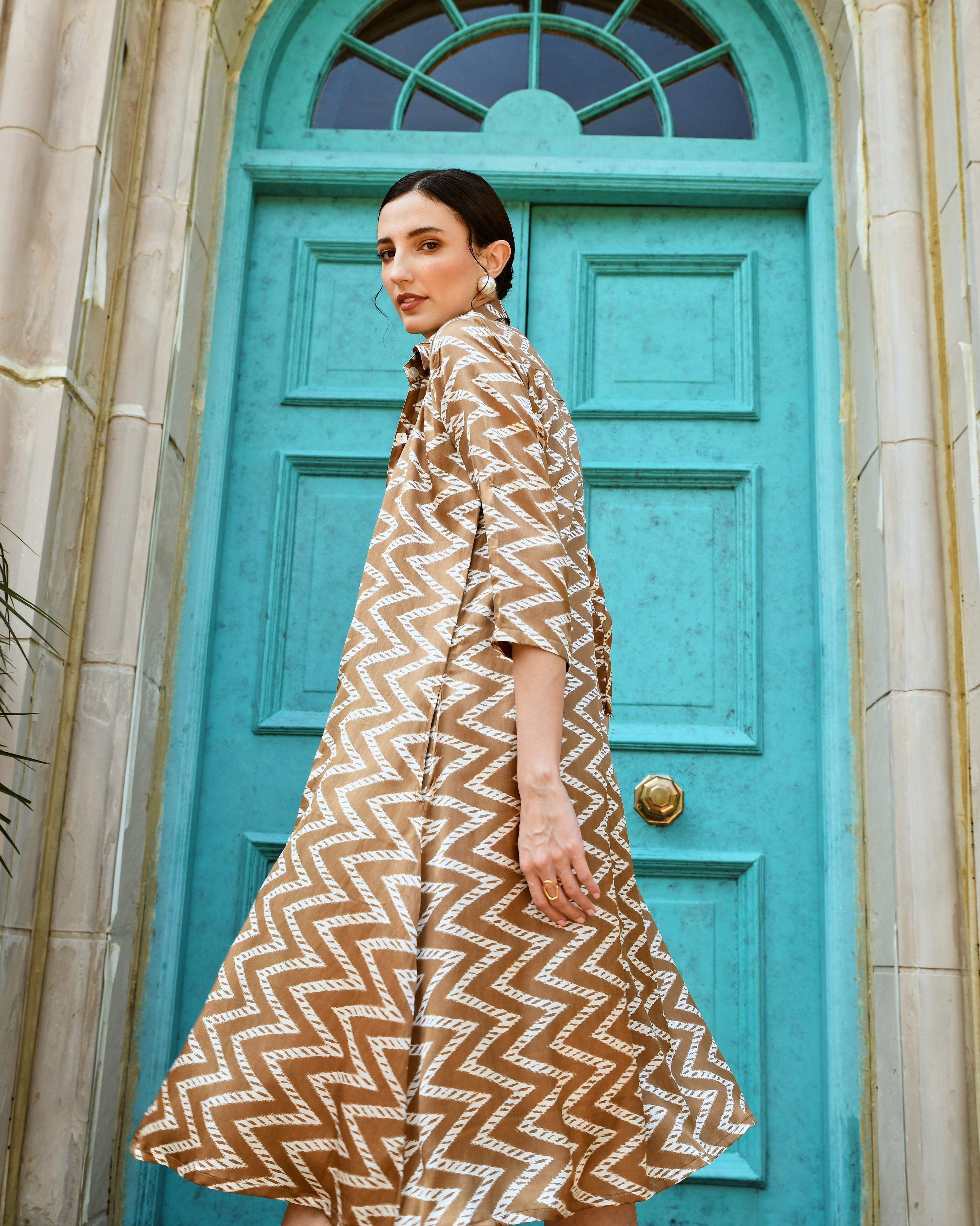 WOOD BROWN LONG ALINE SHIRT DRESS